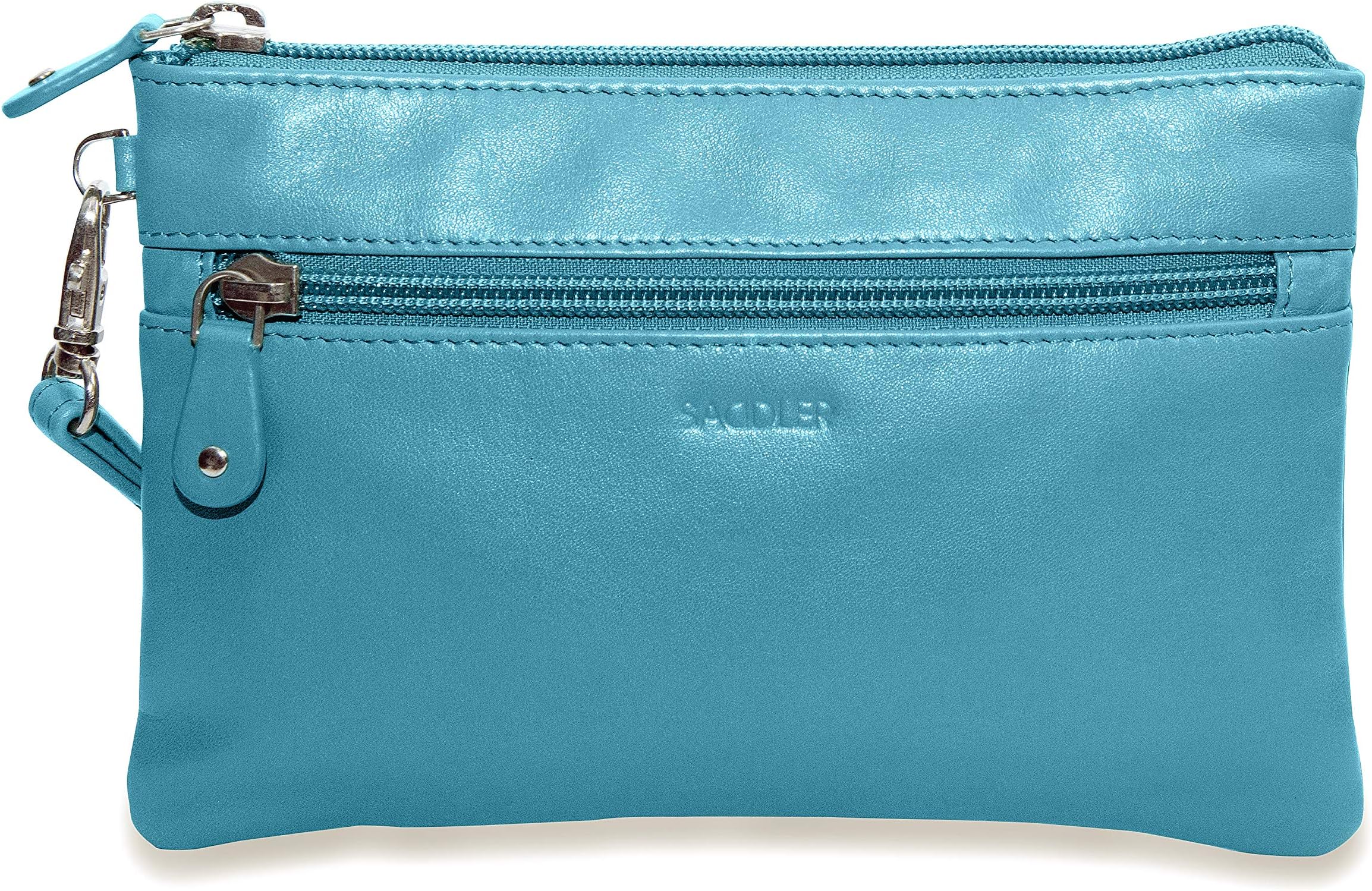 SADDLER Luxurious Leather Carry All Zip top Mini Clutch for iPhone with Detatchable Wrist Strap | RFID Protected | Designer Leather Wristlet for Ladies | Gift Boxed - Teal