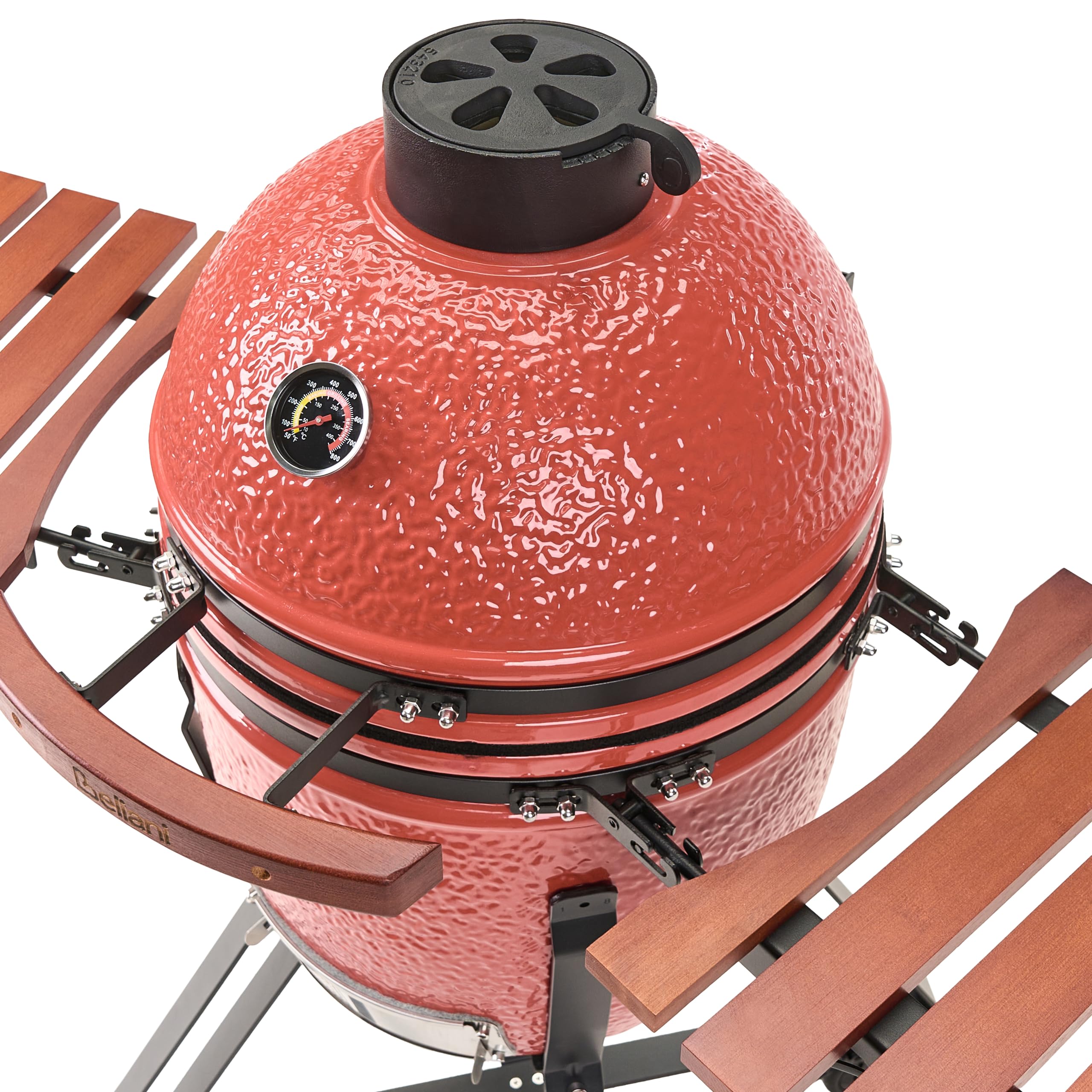 Ogrodowy grill węglowy ceramiczny na kółkach z pokrywą termometerem rusztem czerwonyKamado