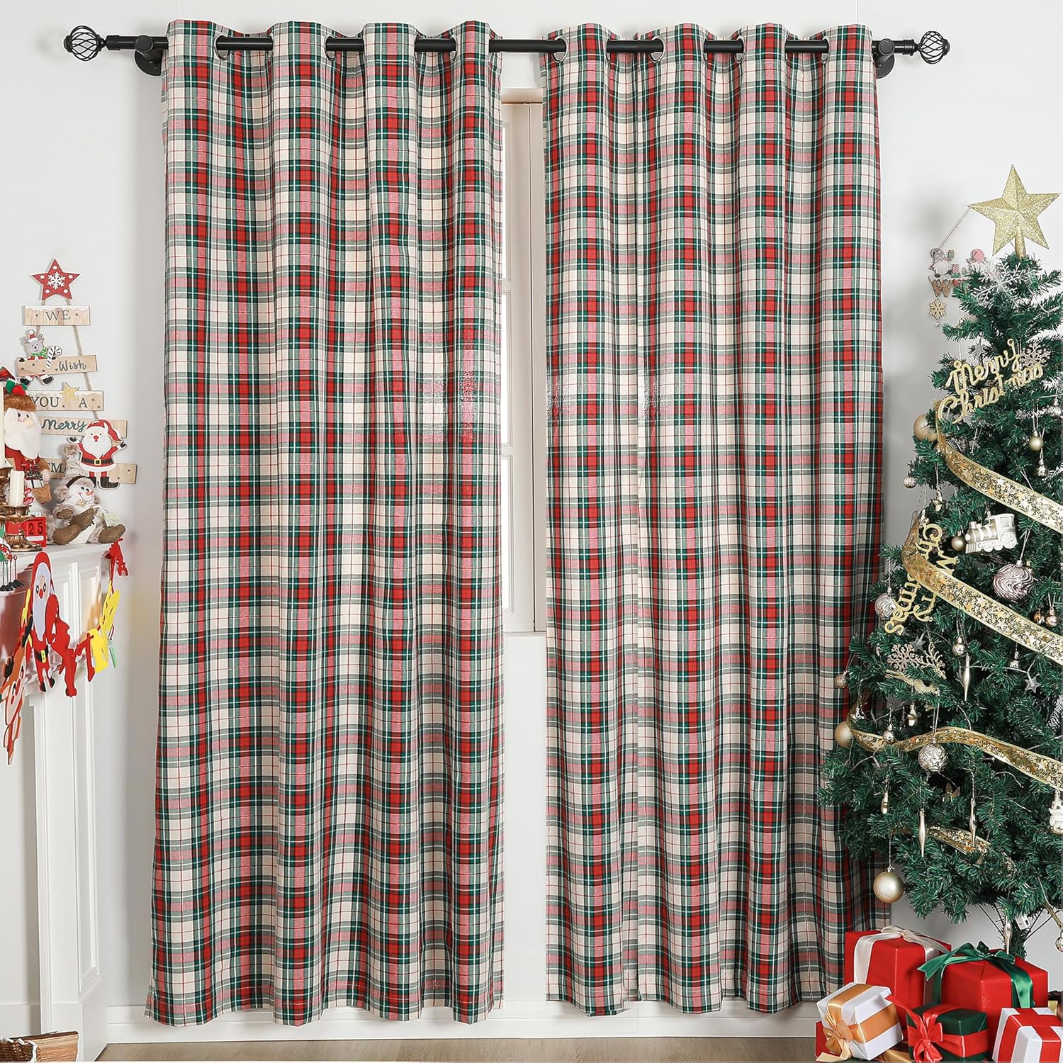 Scottish Plaid Curtains for Living Room Green White Check Farmhouse Winter Holiday Home Decor Light Filtering Grommet Window Treatment Curtain Drapery, 2 Panels, 52 x 63 Inch