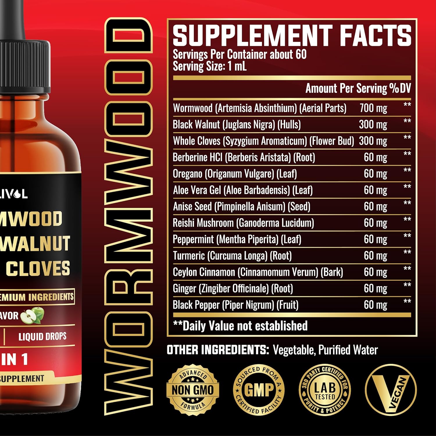 13in1 Wormwood Liquid Drops - 1900mg Black Walnut Wormwood Liquid Extract with Whole Cloves & More - 60 Day Supply - 2 Fl Oz - Image 2