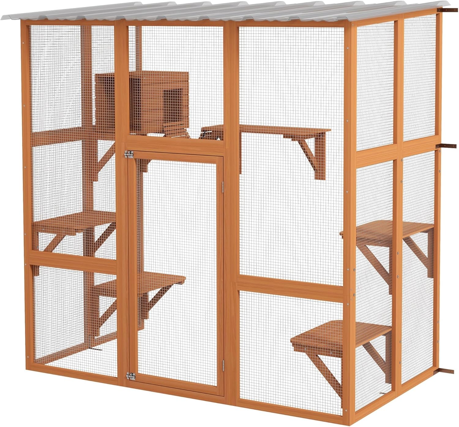 Sturdy Outdoor Cat Enclosure with Multiple Platforms, Resting Box, and Wall-Mounted Design for Indoor-Outdoor Access