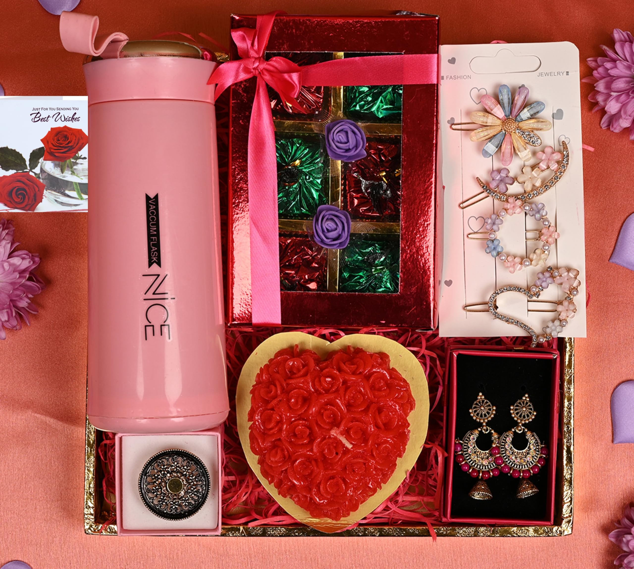 Rakhi gift hamper for sister/rakhi gift hamper/rakhi gift for girls-Decorated tray+Handcrafted chocolates in a box+water bottle+set of pins+pair of jhumki+candle+designer ring with box+Card-image-0