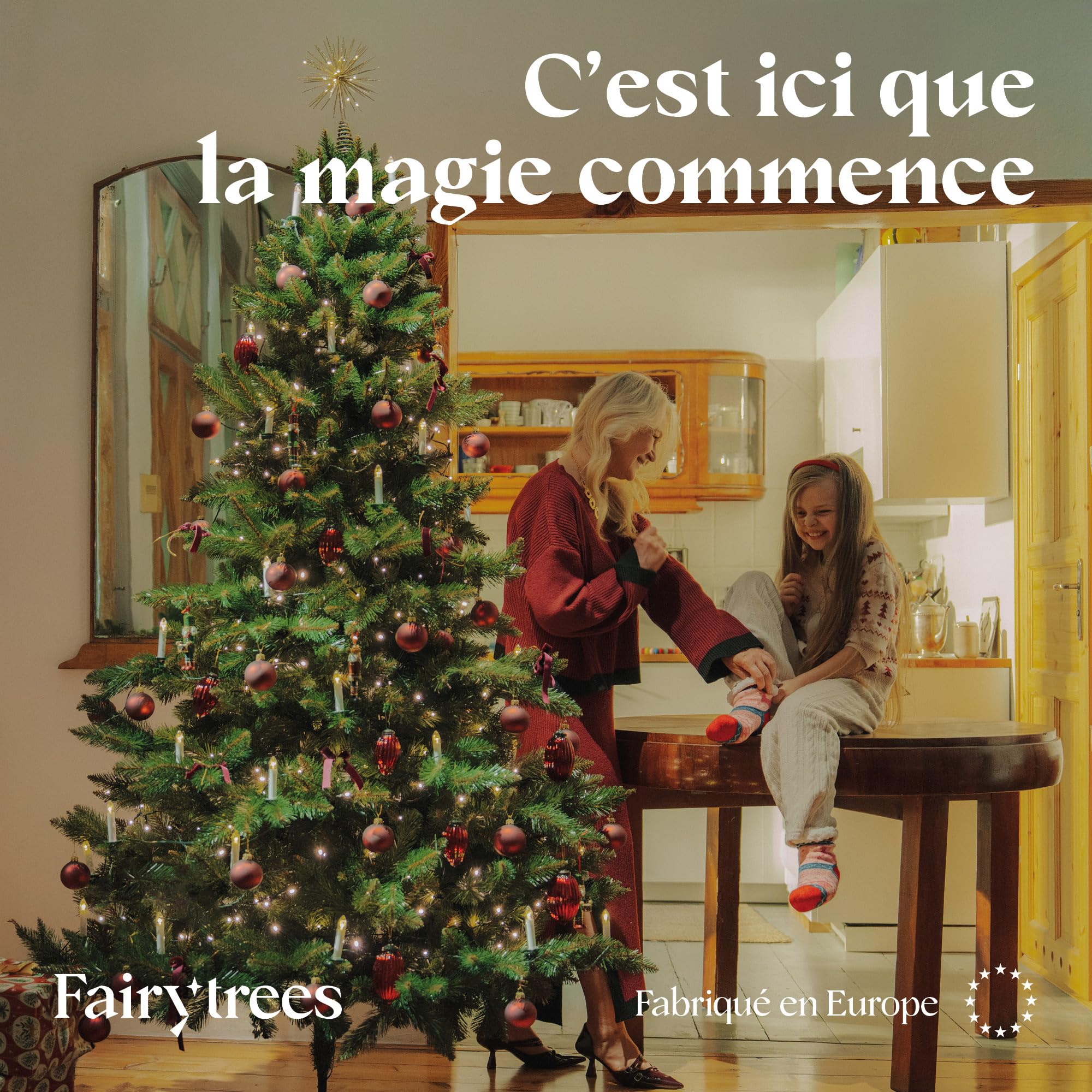 FairyTrees Sapin de Noël Artificiel 180cm NORDMANN | Arbre de Noël avec Support en Bois | Sapin avec Tronc Vert | Made in EU