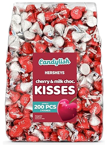 Hershey's Kisses Cherry & Milk Chocolate - Caramelo a granel de 2 libras, aproximadamente 200 piezas en papel de aluminio rojo y plateado