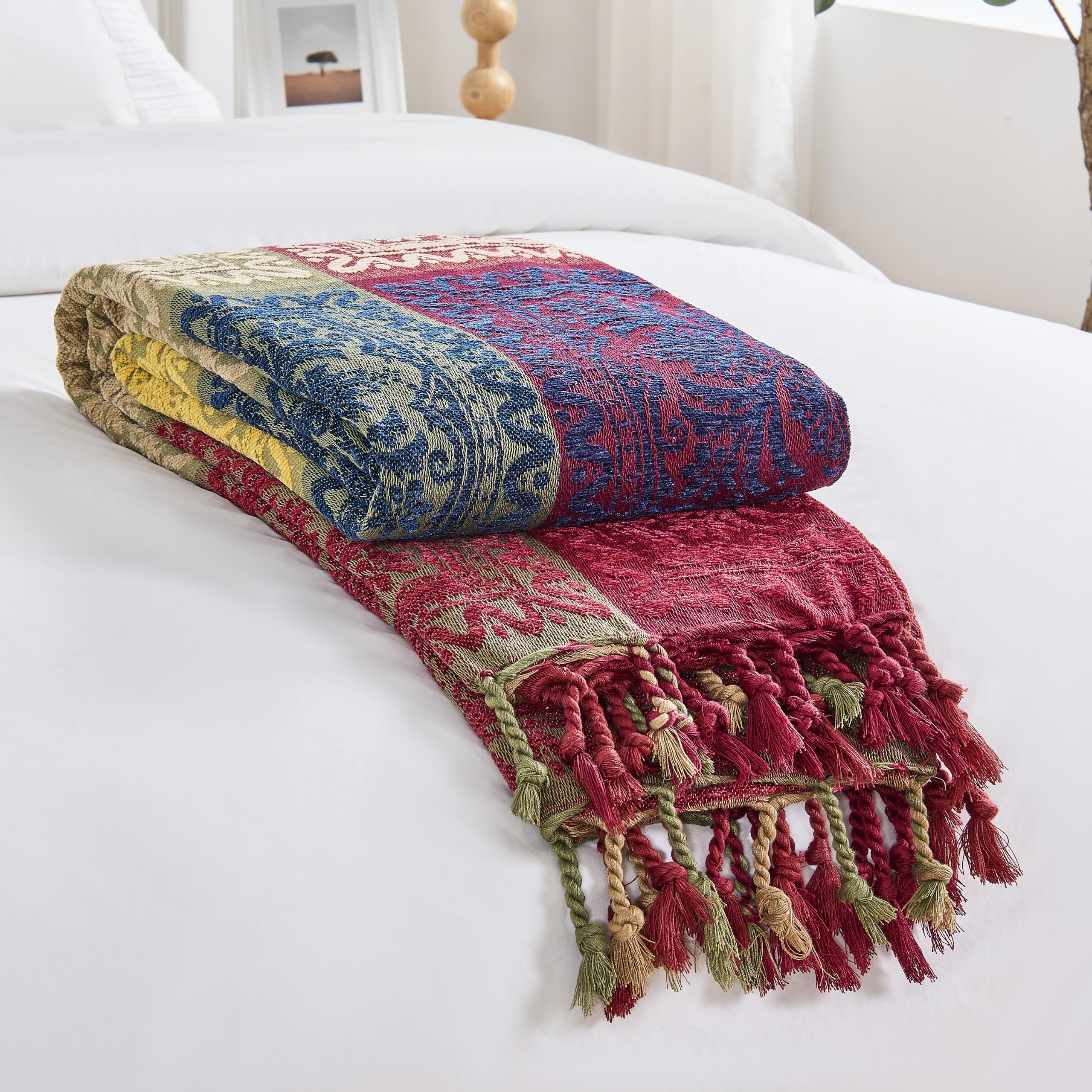 DECMAY Jeté de lit chenille jacquard bohème avec pompons, jeté pour canapé 2, 3 ou 4 places, tartan - Jeté de lit, fauteuil, meuble, jeté de lit (rouge bleu, 220 x 260 cm)