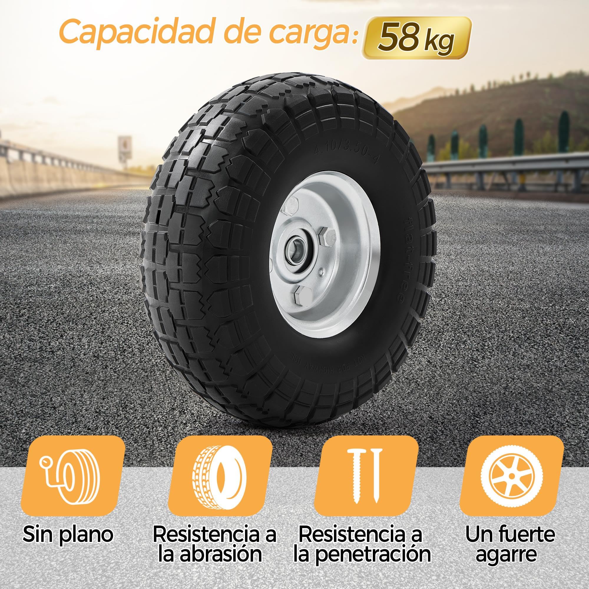 Yaheetech 4pcs Ruedas Carretilla Maciza 4.10/3.50-4 Carretilla de Obra Llanta Neumáticos de Goma 255mm para Carros Carrito de Jardinería, Eje de 16 mm