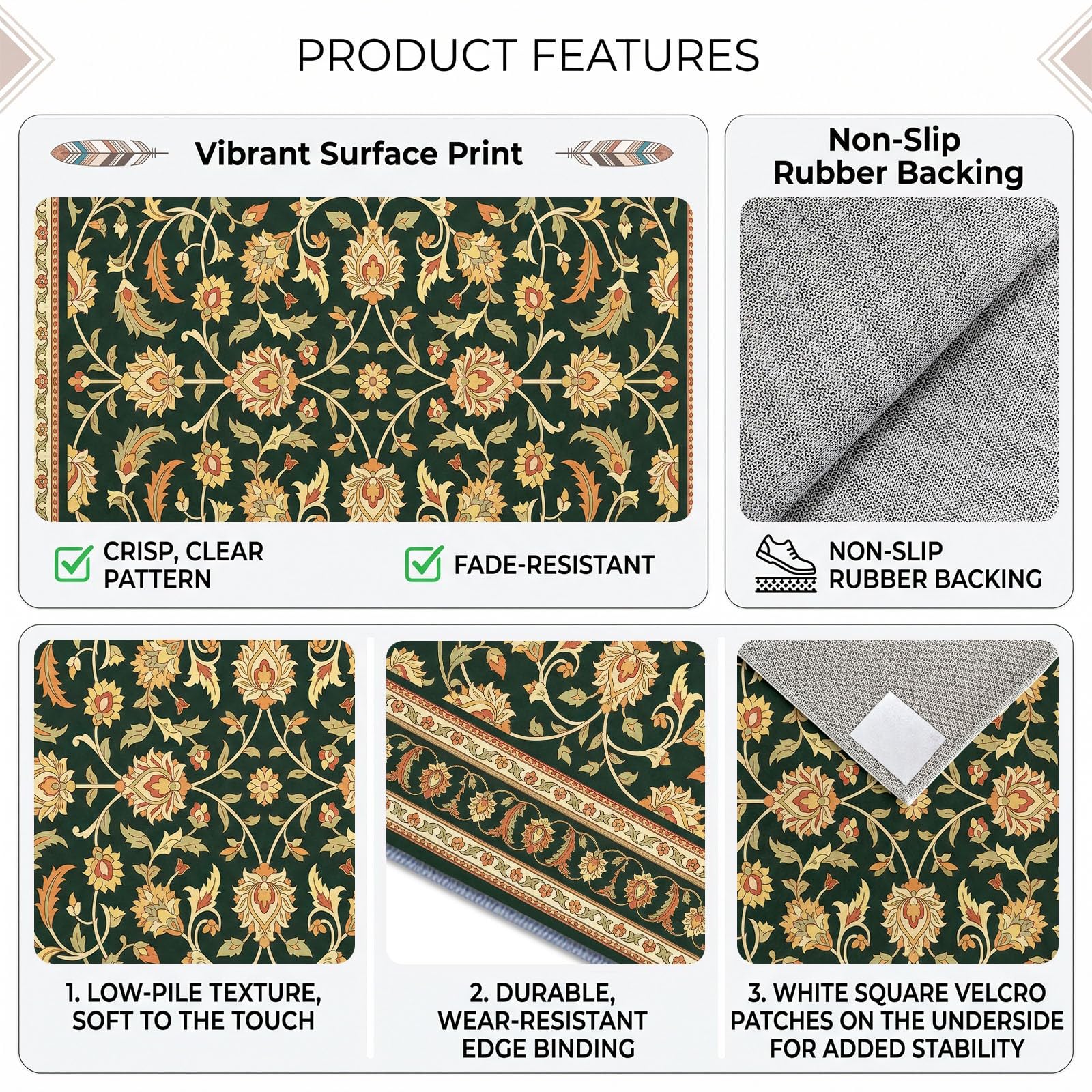 Générique Tapis Lavable Motif Floral Vert Foncé,140x200 cm