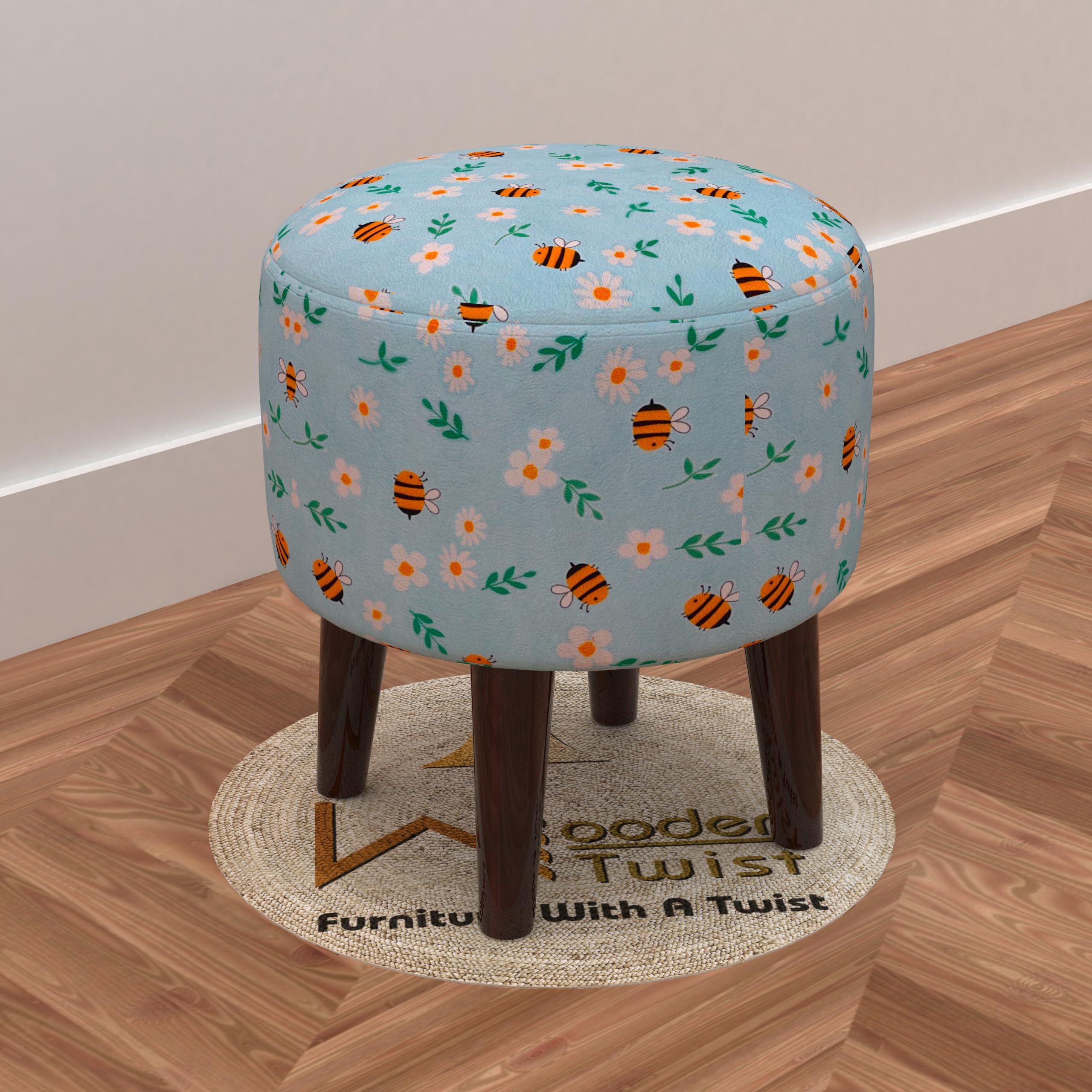 Wooden Twist Harlequin Puffy Ottoman Stool for Living Room