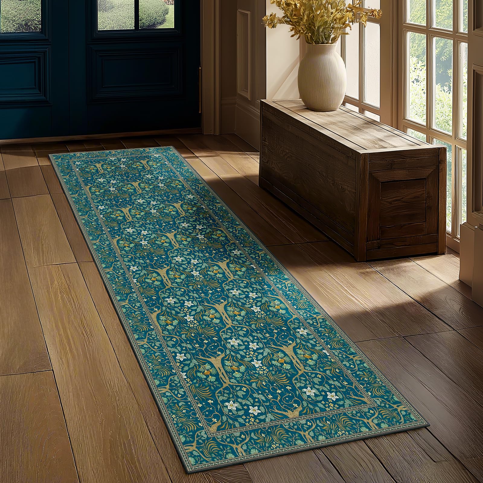 Tapis de couloir bleu foncé lavable et antidérapant bohème