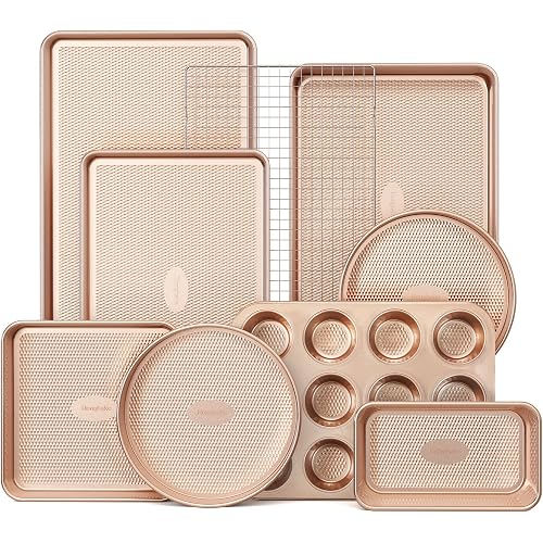 HONGBAKE 9-Piece Baking Pans Set Nonstick, Stackable Non Toxic Bakeware Sets with Diamond Texture, Oven Pan Set for Cooking, Includes Cookie Sheet with Rack, Cake Pan, Roasting Pan, Muffin Tin, Gold