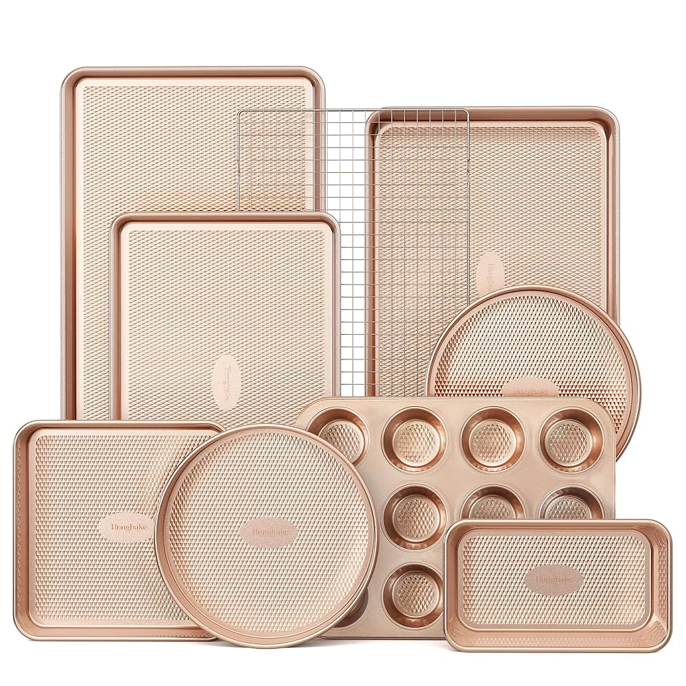 HONGBAKE 9-Piece Baking Pans Set Nonstick, Stackable Non Toxic Bakeware Sets with Diamond Texture, Oven Pan Set for Cooking, Includes Cookie Sheet with Rack, Cake Pan, Roasting Pan, Muffin Tin, Gold