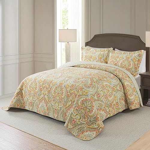 Vista 66 de NEWLAKE Juego de colcha de algodón, juego de colcha reversible de retazos, estampado real clásico turquesa, tamaño Queen Turquesa Clásico