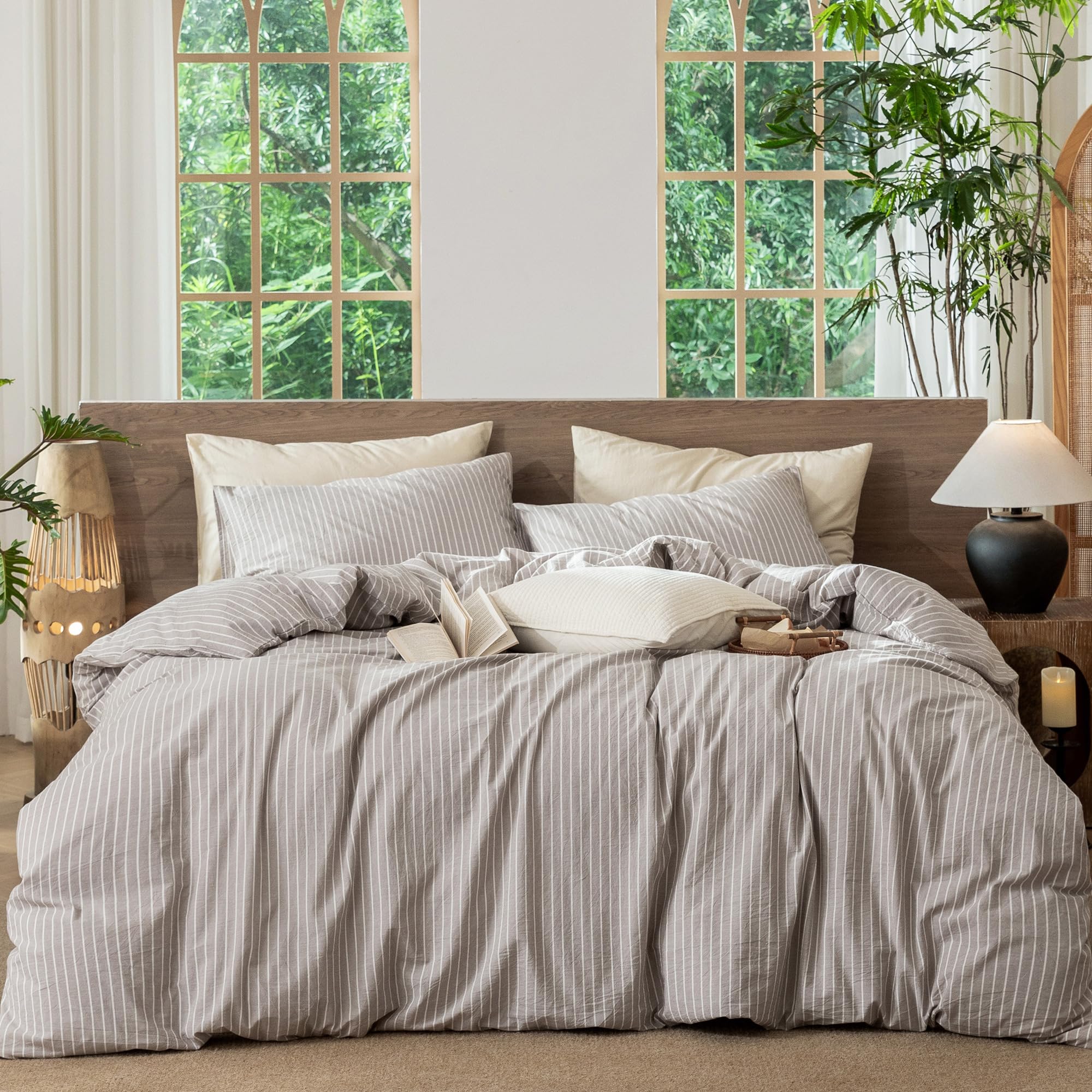 MooMee Striped Duvet Cover Set 100% Washed Cotton Linen Like King