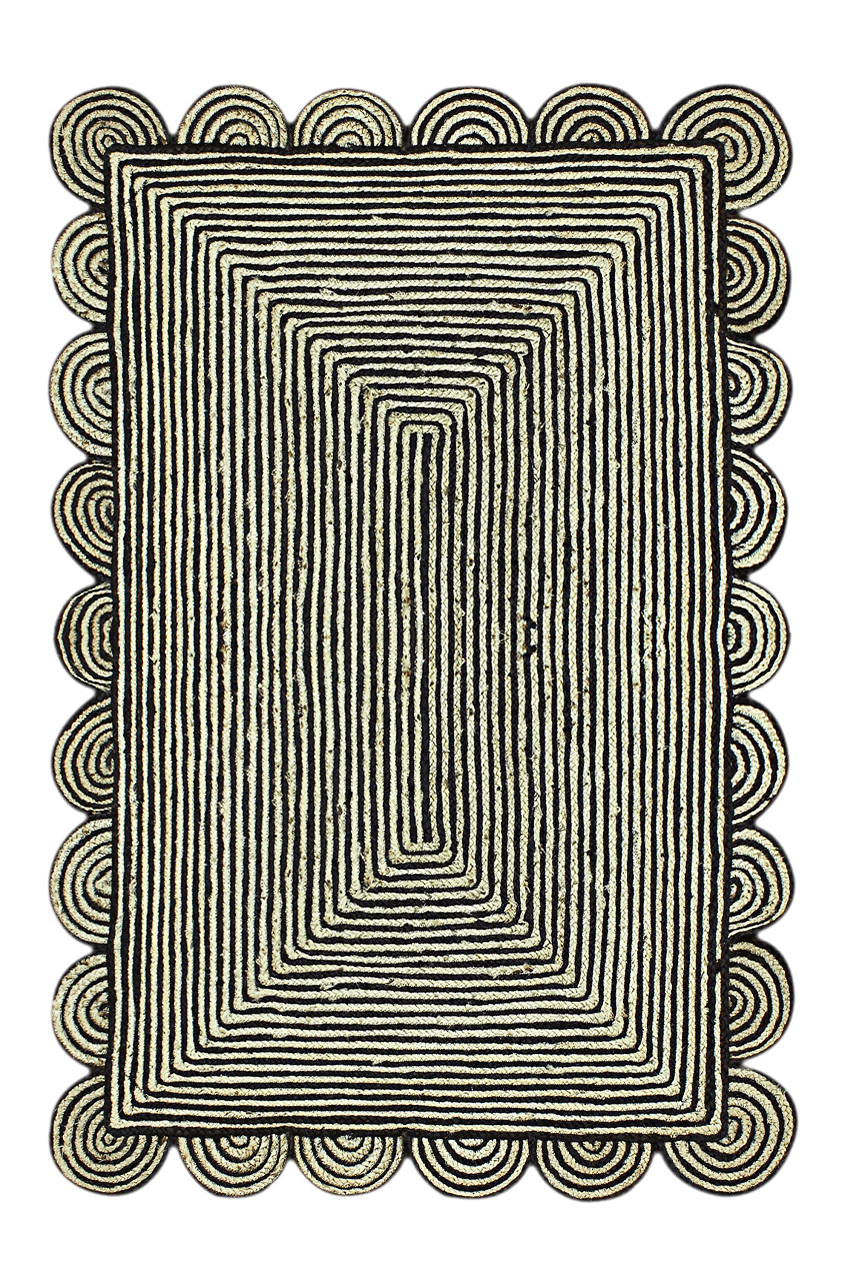 CASAVANI Scalloped Runner - 2.6x4 Area Rug Black & Beige Scallop Edge Braided Jute Rug Geometric Kilim Rug Indoor Outdoor Rug Flatweave Rugs for Bedroom Bedside Runner Kitchen Hallway