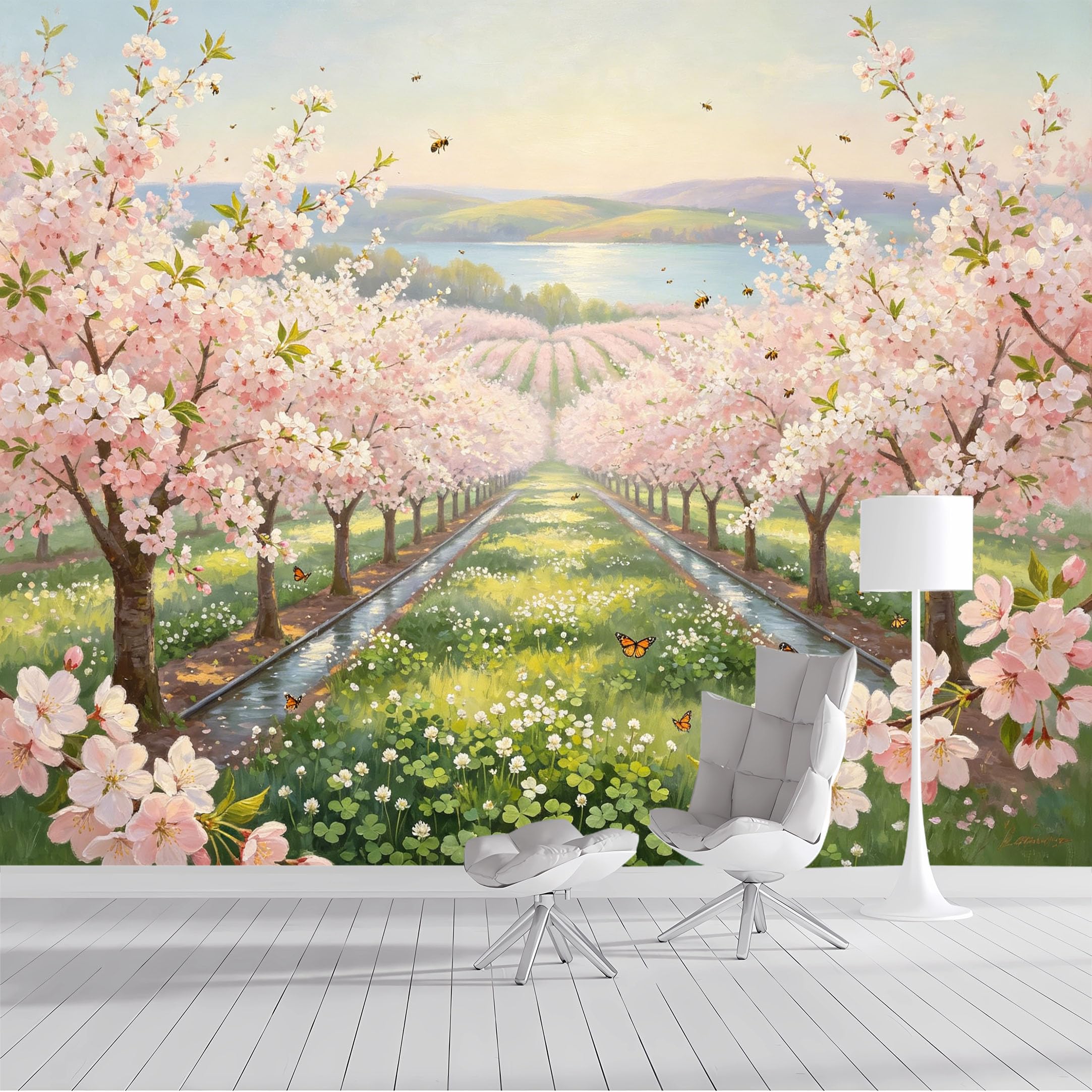 Custom Size Wall Mural Spring Blossom Orchard Lake Landscape Oil Painting SelfAdhesive Wall Fabric Removable Peel and Stick Wallpaper Wall Decor for Living Room Bedroom Bathroom