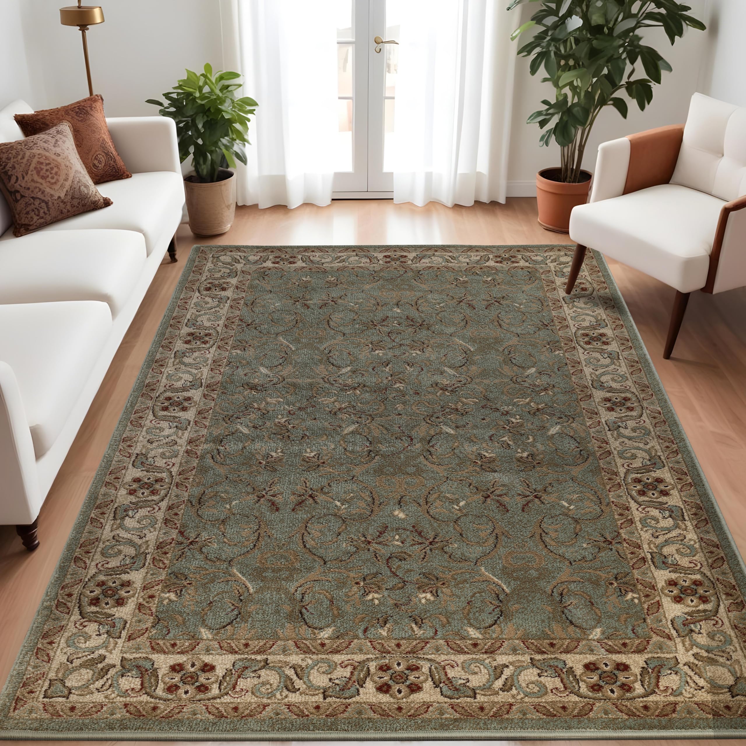 SuperiorIndoor Area Rug, Plush Carpet Cover, for Bedroom, Living/Dining Room, Office, Entry, Hallway, Kitchen, Traditional Floral Scroll Floor Decor, Heritage Collection, 4' x 6', Dark Green