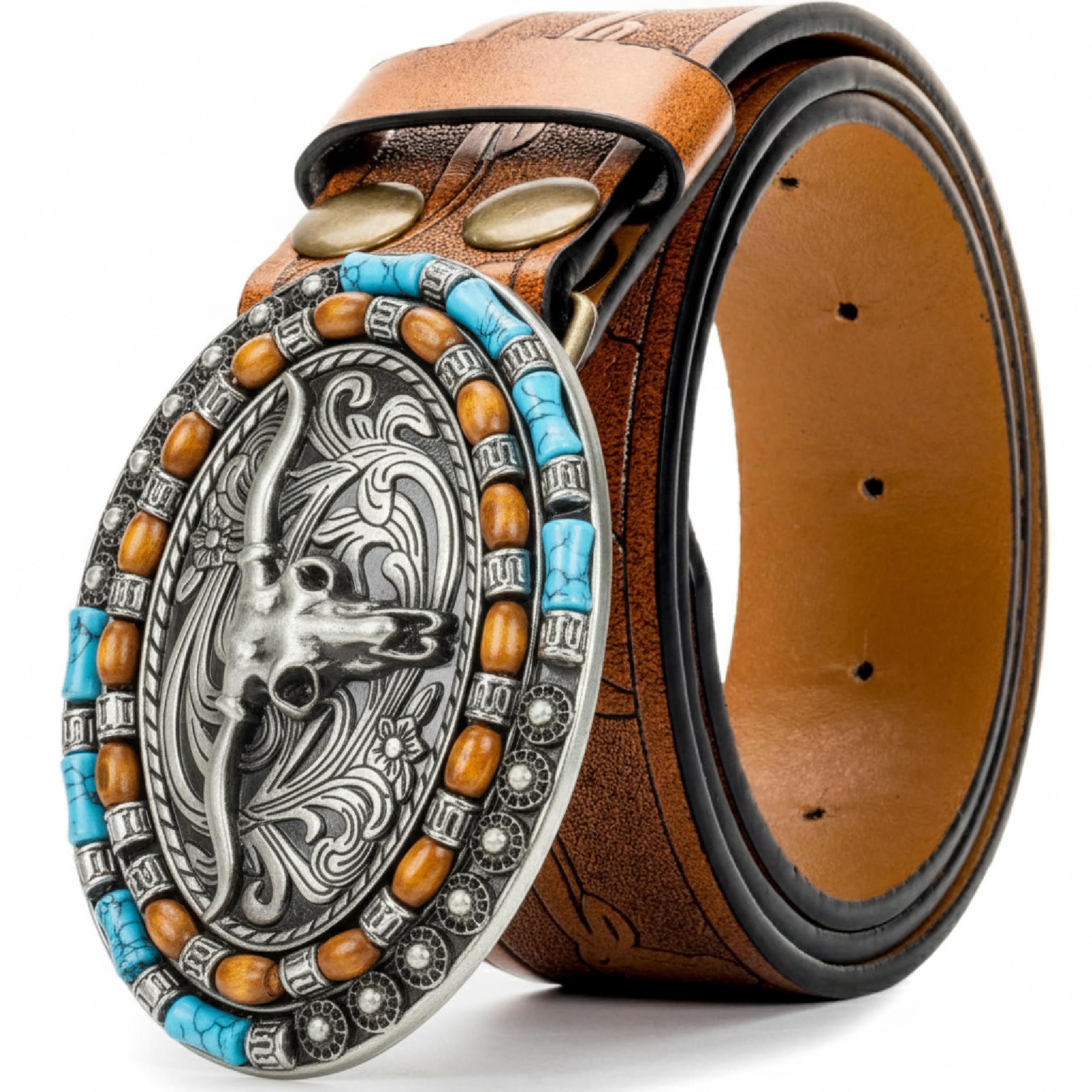Western-Cowboy-Leather-Belts for Women Turquoise Buckles-Belt Embossed Cowgirl Waist Belt for Jeans Fit for 25-39