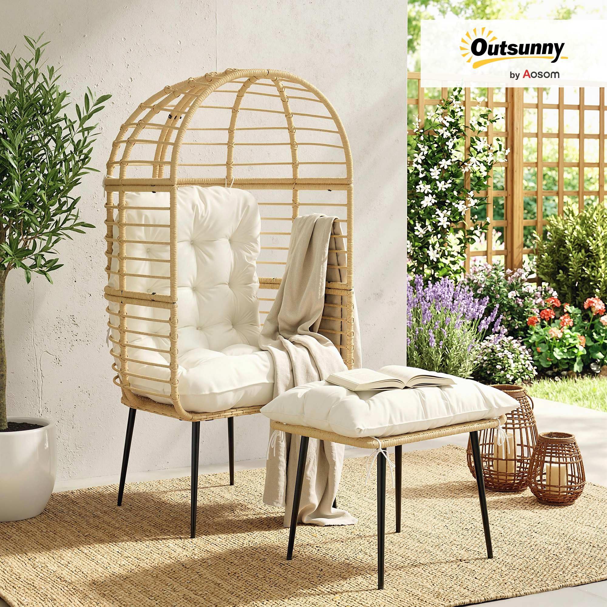 Outsunny Fauteuil de jardin avec tabouret en forme d'œuf - Avec coussins longs et épais - Cadre en métal - Style bohème - Pour salon, jardin, balcon, terrasse - Beige
