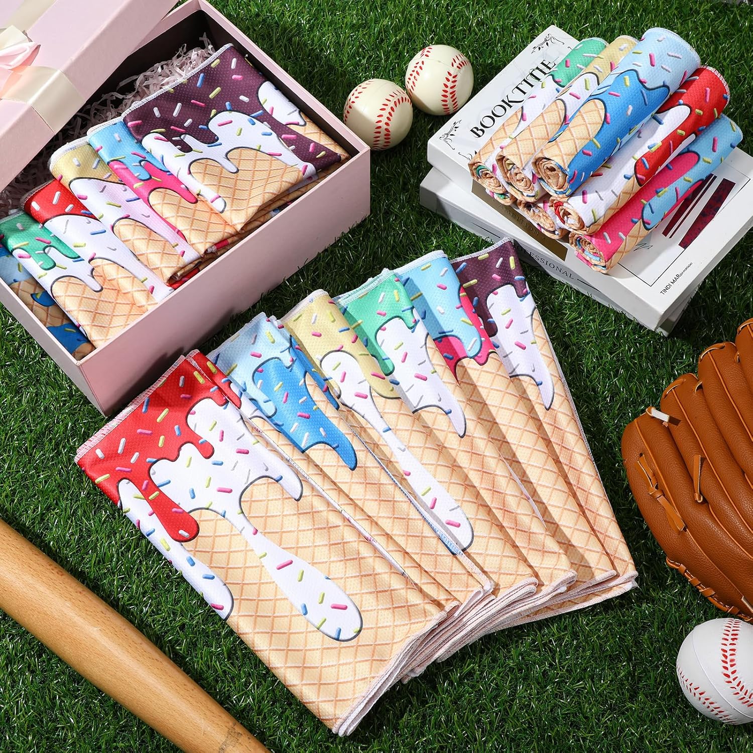 18 Pcs Ice Cream Drip Cooling Towel, Baseball Softball Towel Breathable Chilly Ice Towels, 40"x12" Cooling Towels for Sports Team Coach Gift Training, Cold Sweat Rag for Sport(Multicolor)