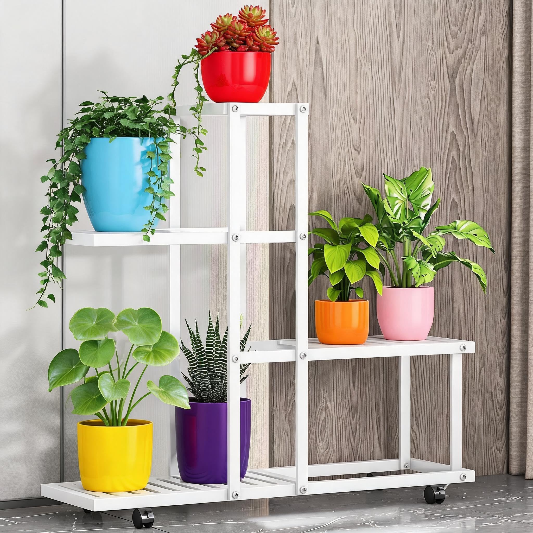 Garvee Portapiante da Interno ed Esterno a 4 Livelli, Scaffale per Piante in Ferro per 6 Vasi, Supporto Fiori Pieghevole e Girevole, Espositore Piante Salvaspazio per Soggiorno, Balcone e Giardino