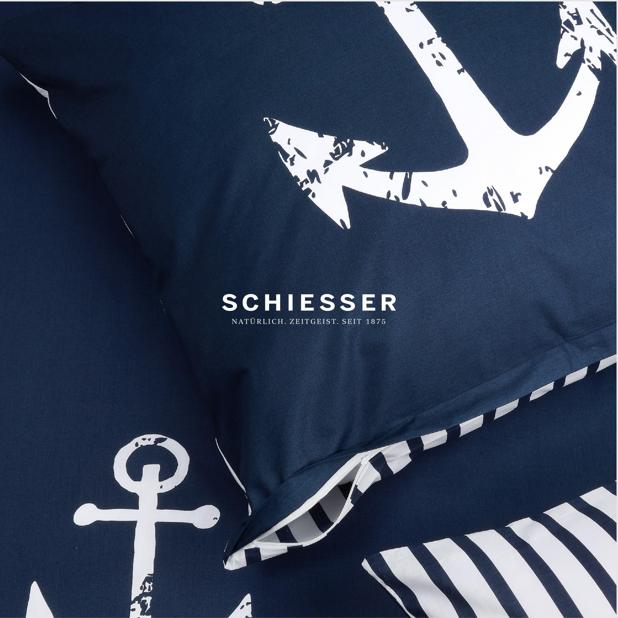 SSchiesser Bettwäscheset Marina | 2-teilig | Maritim | Renforcé | 100% Baumwolle | Oeko-Tex Zertifiziert | Reißverschluss | 155x220cm + 80x80cm | Dunkelblau