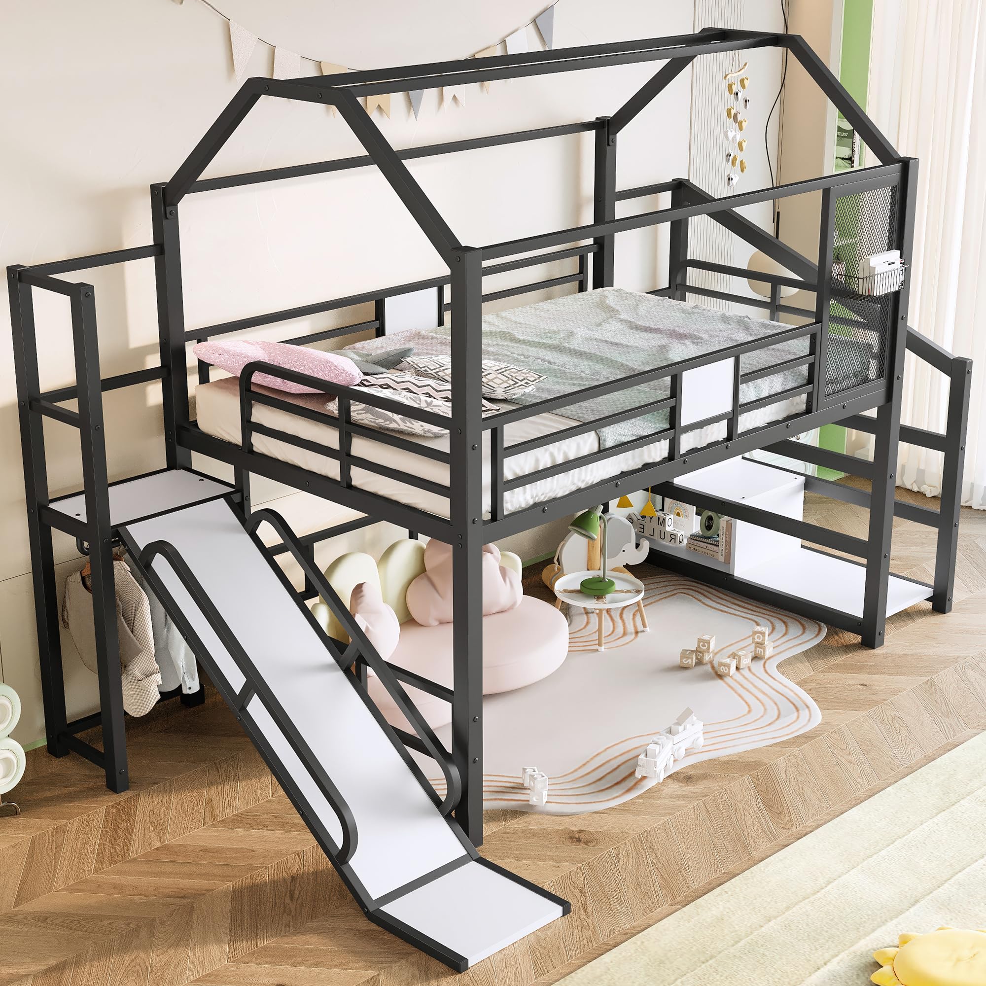 Quarte Full House Loft Bed with Slide and Stairs, Metal Playhouse Bed with Storage Shelves, House-Shaped Roof for Kids Boys Girls Teens, No Box Spring Needed