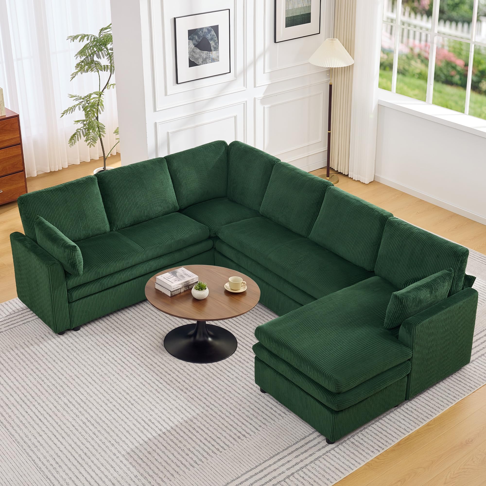110" Sectional Couches with Right Chaise, Comfy Deep Dual-Layer Cushion Couch, 7 Seater U Shaped Couch, Modern Modular Sofa, Corduroy Sofas for Living Room, Apartment, Green