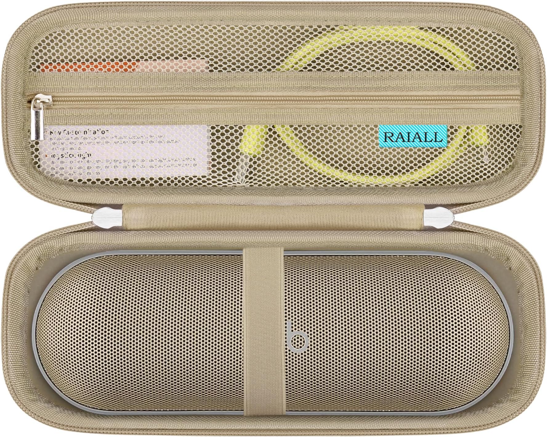 RAIALL Carrying Case for Beats Pill (Latest Release) - Portable Bluetooth Speaker, Beats Pill Hard Protective Travel Holder, Beats Pill Case with Extra Mesh Pocket for Charging Cables, Champagne Gold