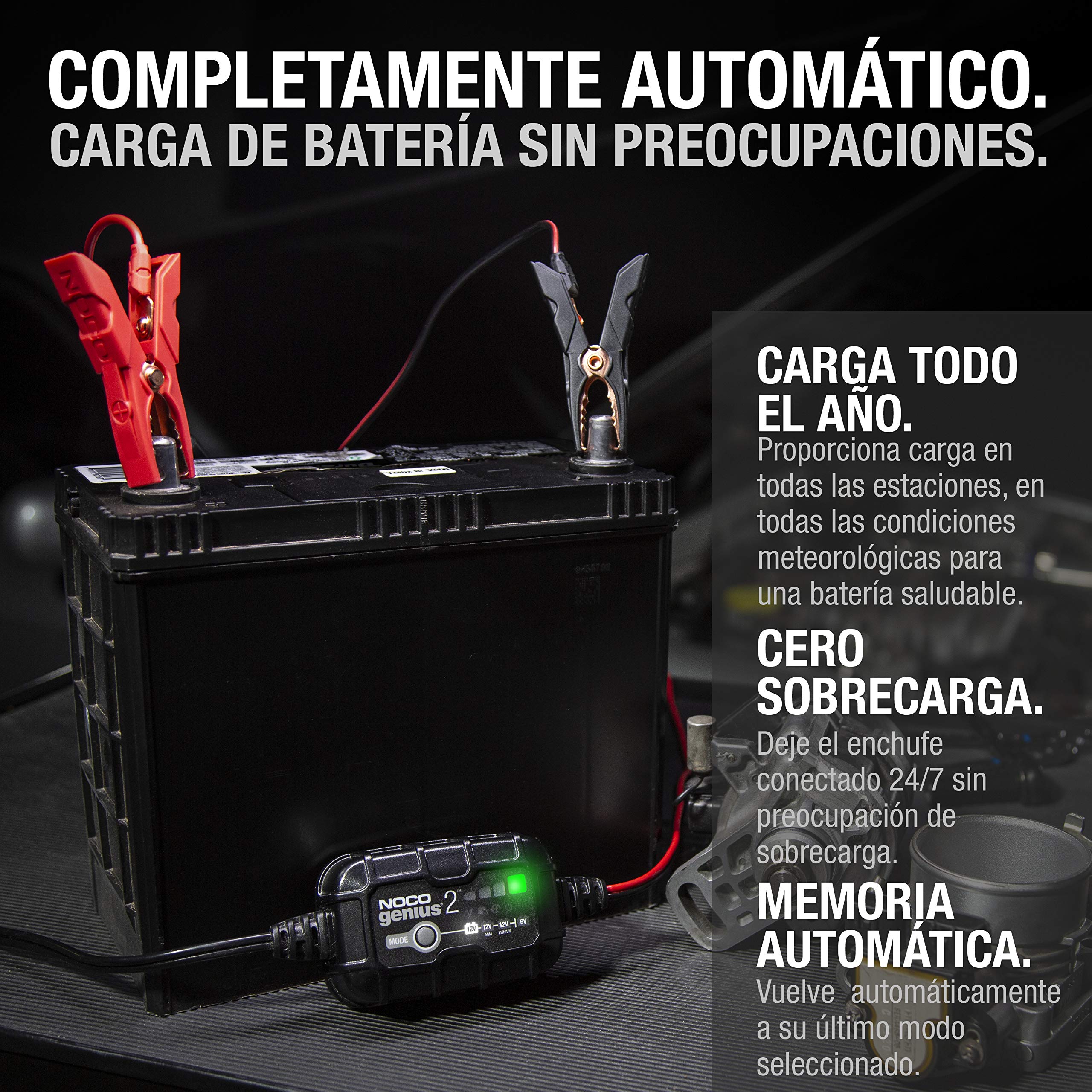 NOCO GENIUS2: Cargador Inteligente de baterías 2A 6V/12V – Mantenedor automático y desulfatador – Protección contra sobrecarga y compensación térmica – para baterías de Plomo y Litio