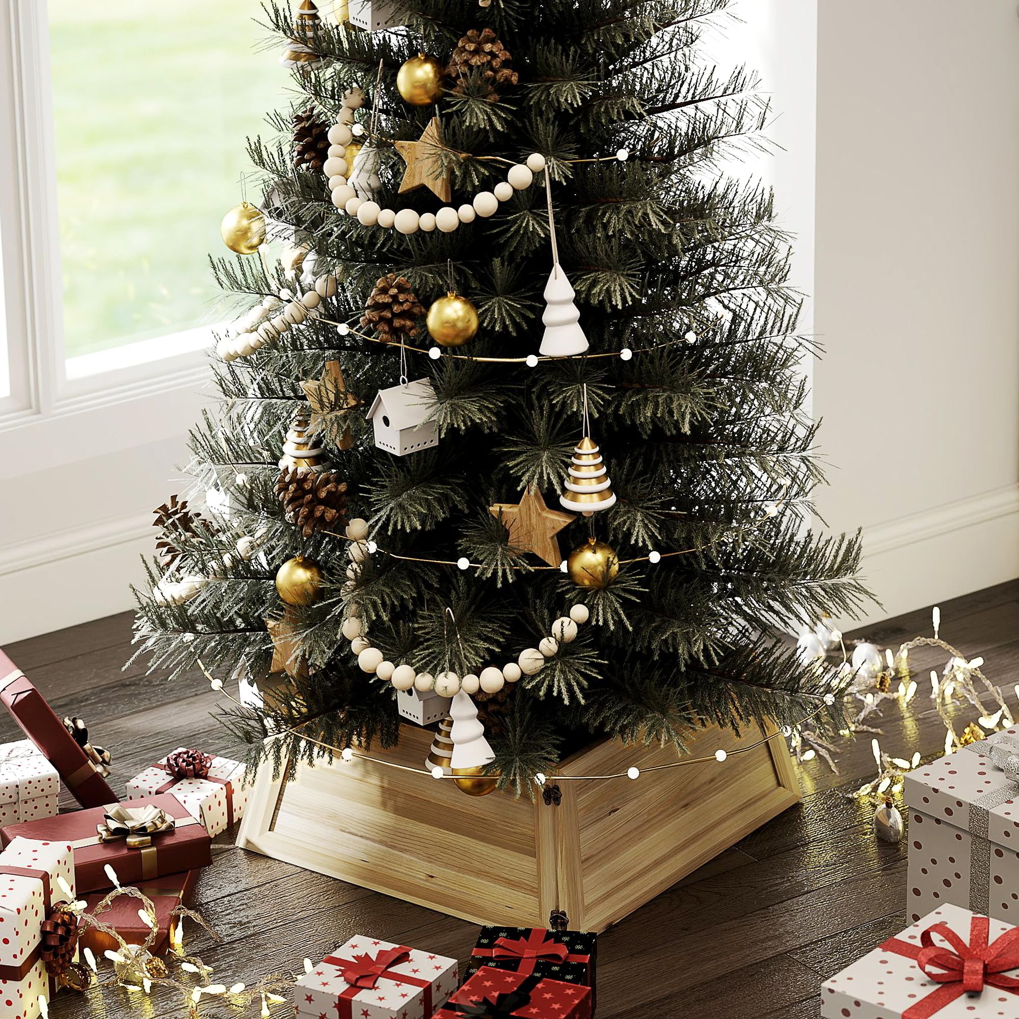 HOMCOM Weihnachtsbaumrock 65 x 65 cm Weihnachtsbaum Kragen in Naturholz | Aus Tannenholz, Weihnachtsbaumkorb, Für Party, Für Weihnachten