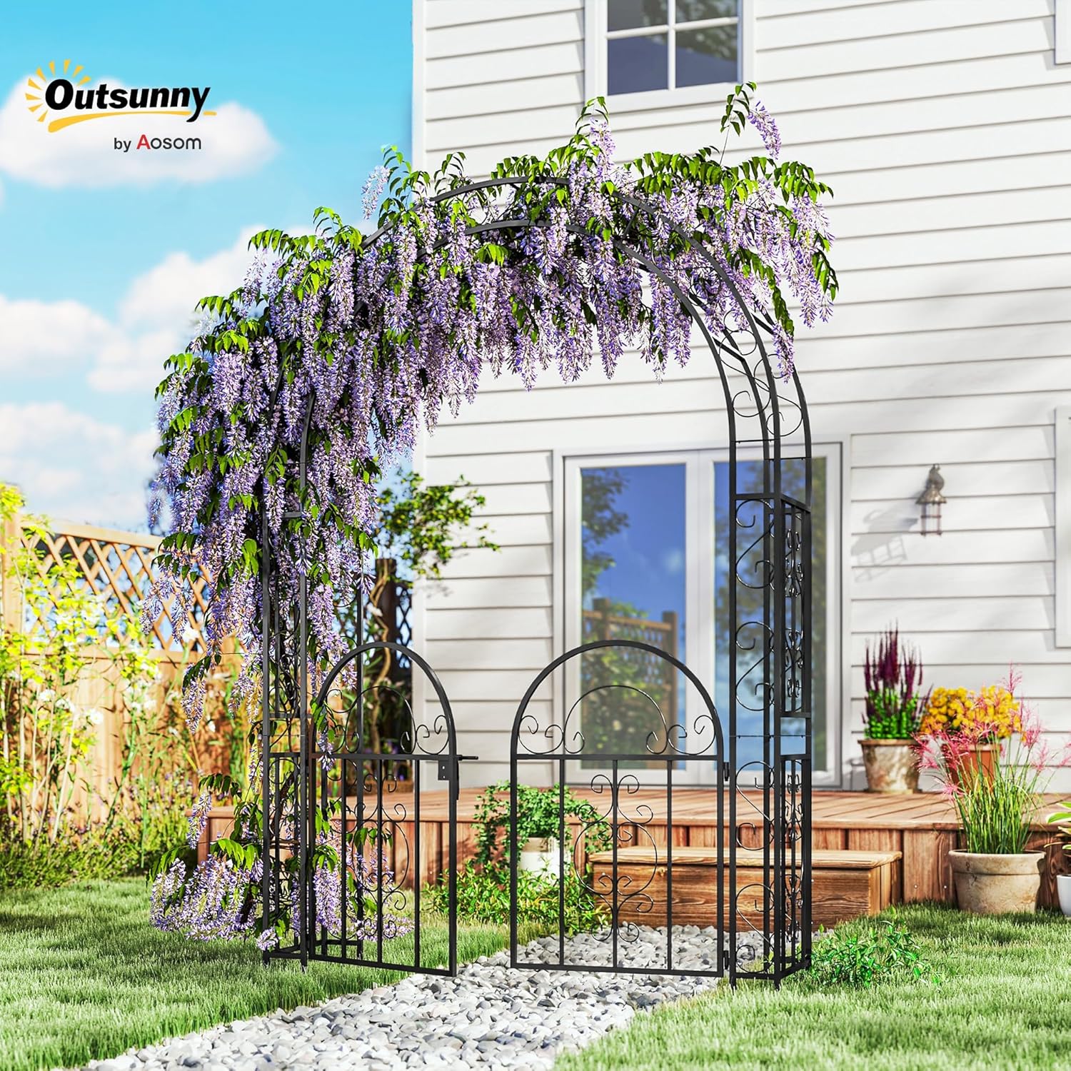 Outsunny 7.4ft Steel Garden Arch with Gate, Garden Arbor Trellis for Climbing Plants, Roses, Vines, Wedding Arch Stand for Outdoor, Garden, Lawn, Backyard, Black