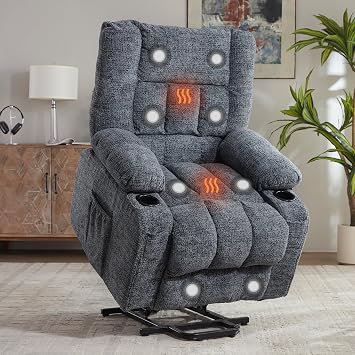 Power Lift Recliner Chair for Elderly, Electric Lift Chair with Vibration Massage and Lumbar Heating, Reclining Sofa with 2 Cup Holders, Side Pockets for Living Room Bedroom