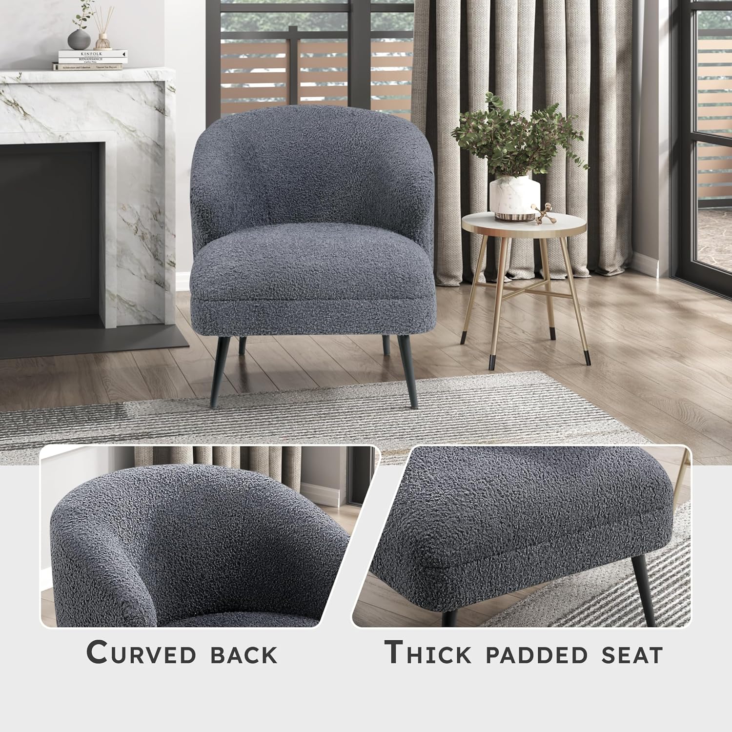 Lexicon Modern Accent Chair, Boucle Fabric Upholstered Single Sofa Chair with Curved Back for Living Room/Bedroom/Office/Apartment, Dark Gray