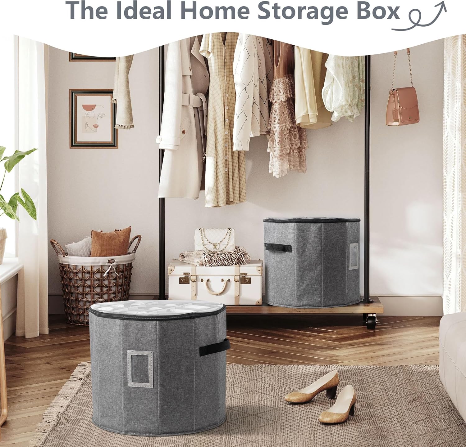 Shoe Storage Box for Women - Round Cylindrical Boot Organizer with Clear Lid, Foldable Closet Shoe Box with Adjustable Dividers, Space Saving Grey 15.7"x13", Fits Heels Sneakers Boots