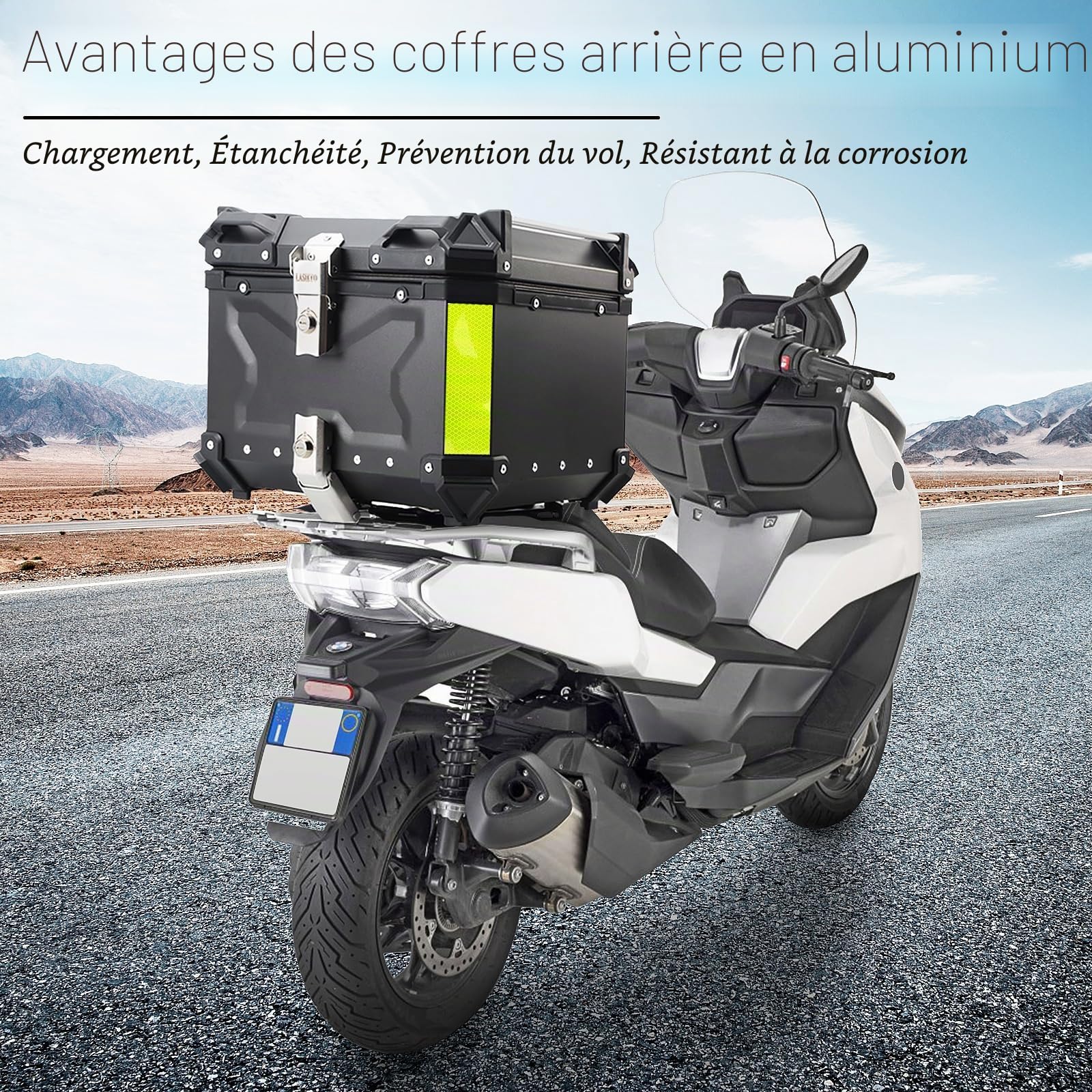 Topcase Mallette arrière universelle en alliage d'aluminium avec doublure en cuir, étui supérieur amovible imperméable pour moto avec dossier et kit de montage