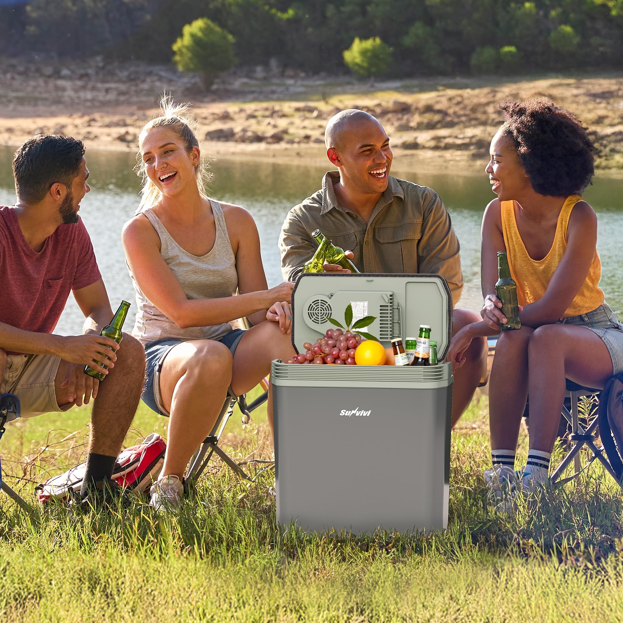 SUNVIVIPRO 21QT Car Fridge with Handle, 12V Plug-in Electric Cooler & Warmer for Vehicles, Thermoelectric Car Refrigerator, Compact Mini Ice Chest Cooler for Truck, Camping & Travel, Gray