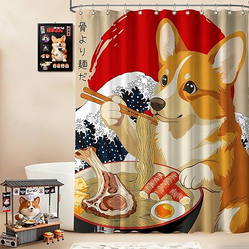 Miniatura 43 de Divertida cortina de ducha con diseño de gato japonés para juegos de decoración de baño, tela de tela impermeable con ganchos, 70 x 72 pulgadas