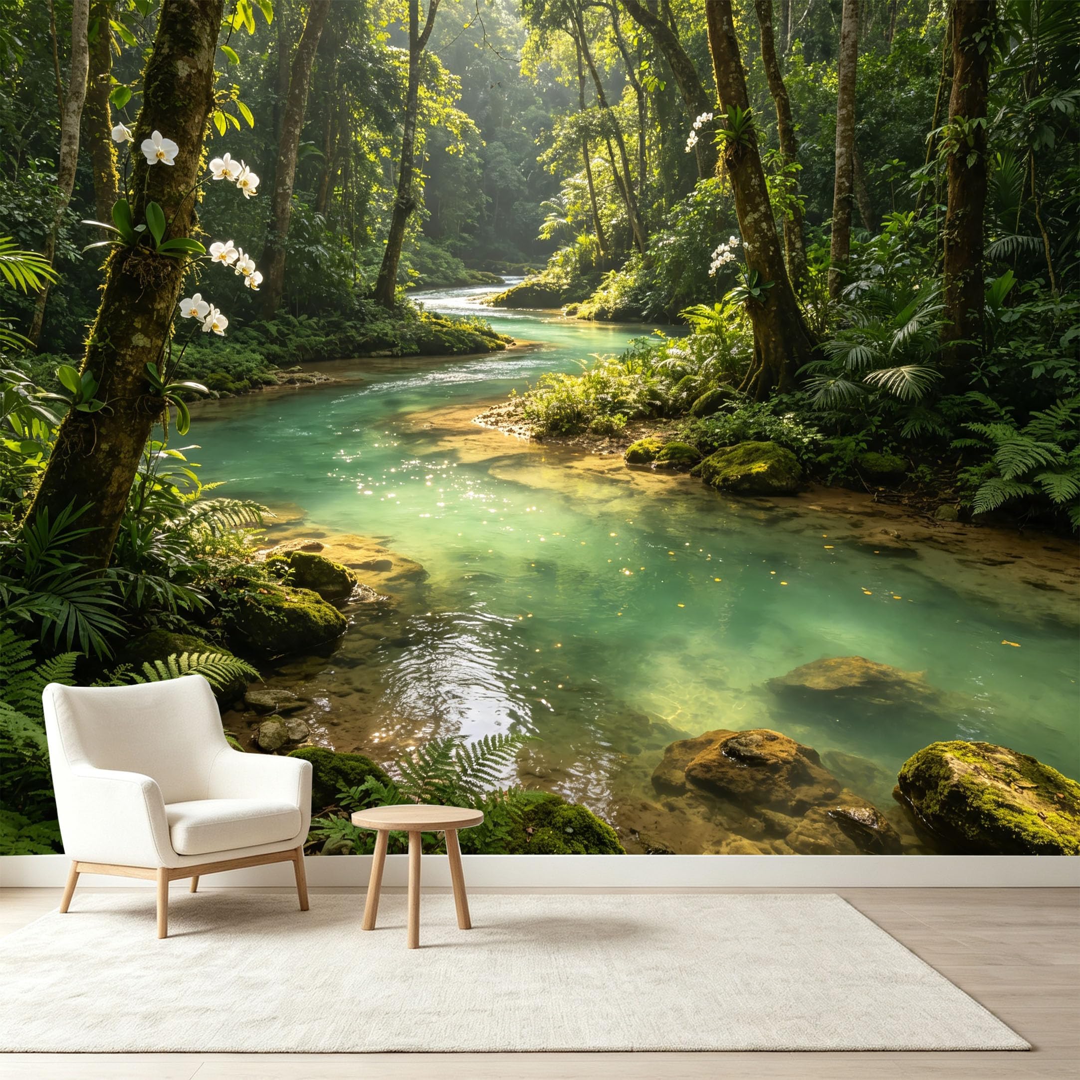 Custom Size Wall Murals Tropical Rainforest Landscape Orchid River Stream Self-Adhesive Wall Fabric Removable Wallpaper Wall Decor for Living Room Bedroom Bathroom