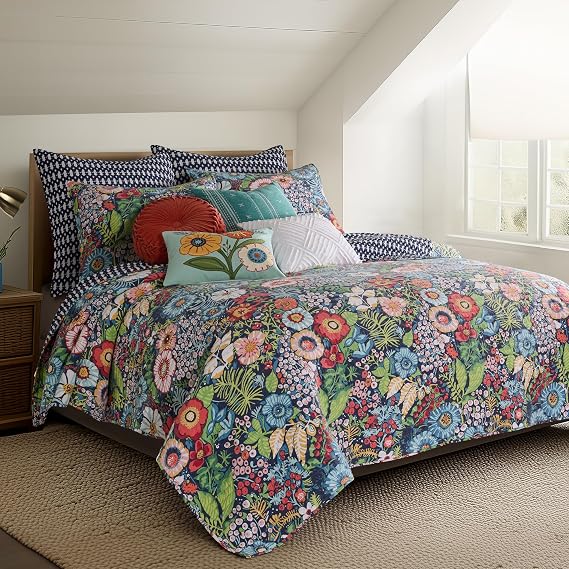 Levtex Home - Night Garden Quilt Set - Full/Queen Quilt and Two Standard Shams - Bold Floral - Navy Red Pink Green Ochre White - Quilt (88x92in.) and Shams (20x26in.) - Reversible - Cotton
