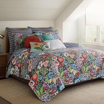 Levtex Home - Night Garden Quilt Set - Full/Queen Quilt and Two Standard Shams - Bold Floral - Navy Red Pink Green Ochre White - Quilt (88x92in.) and Shams (20x26in.) - Reversible - Cotton