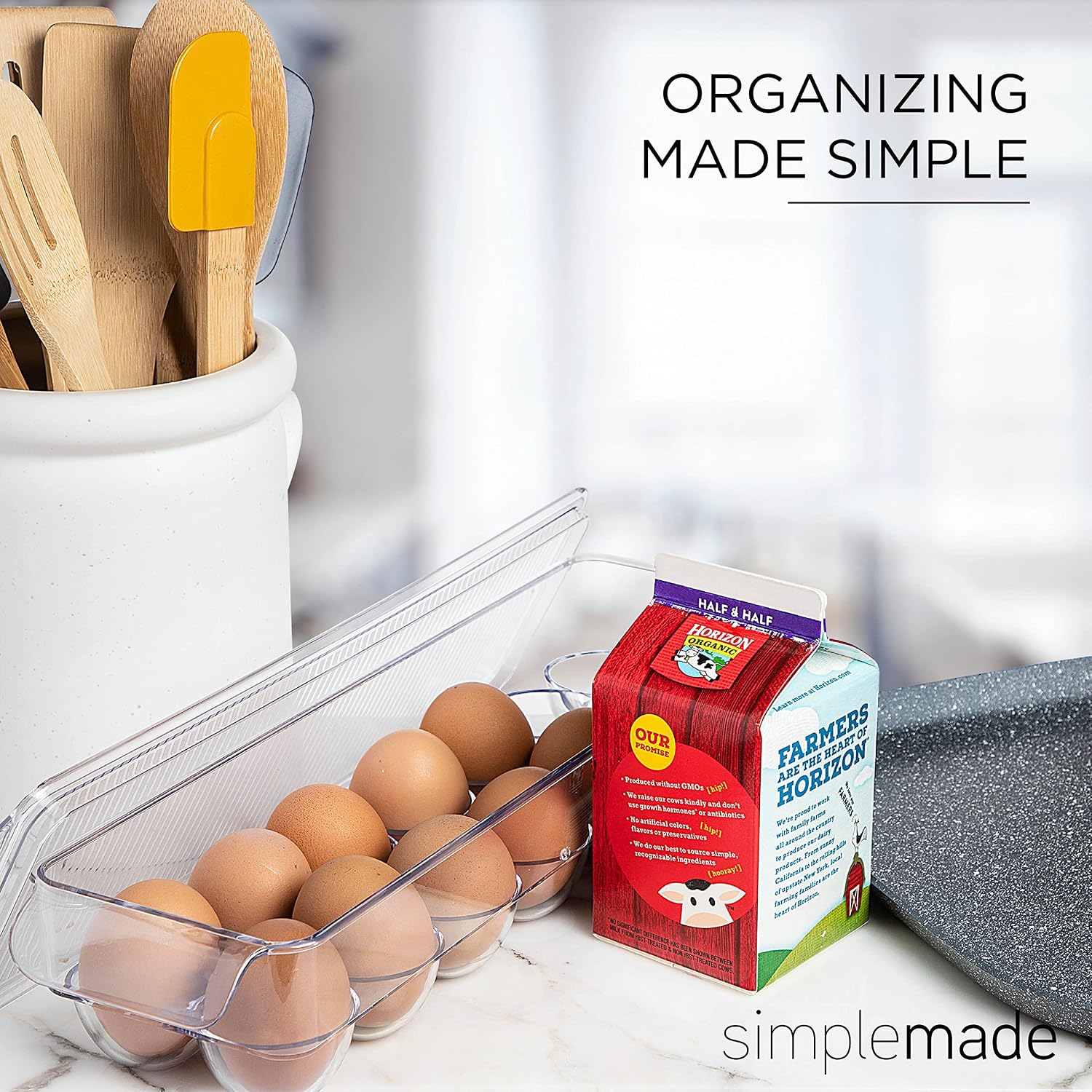 Clear Plastic Egg Holder - 2 Pack 14 Egg Tray Holder (Holds 28 Eggs Total) - Size 4" x 15" BPA Free Fridge Organizer with Lid, Refrigerator Storage Container - by SIMPLEMADE