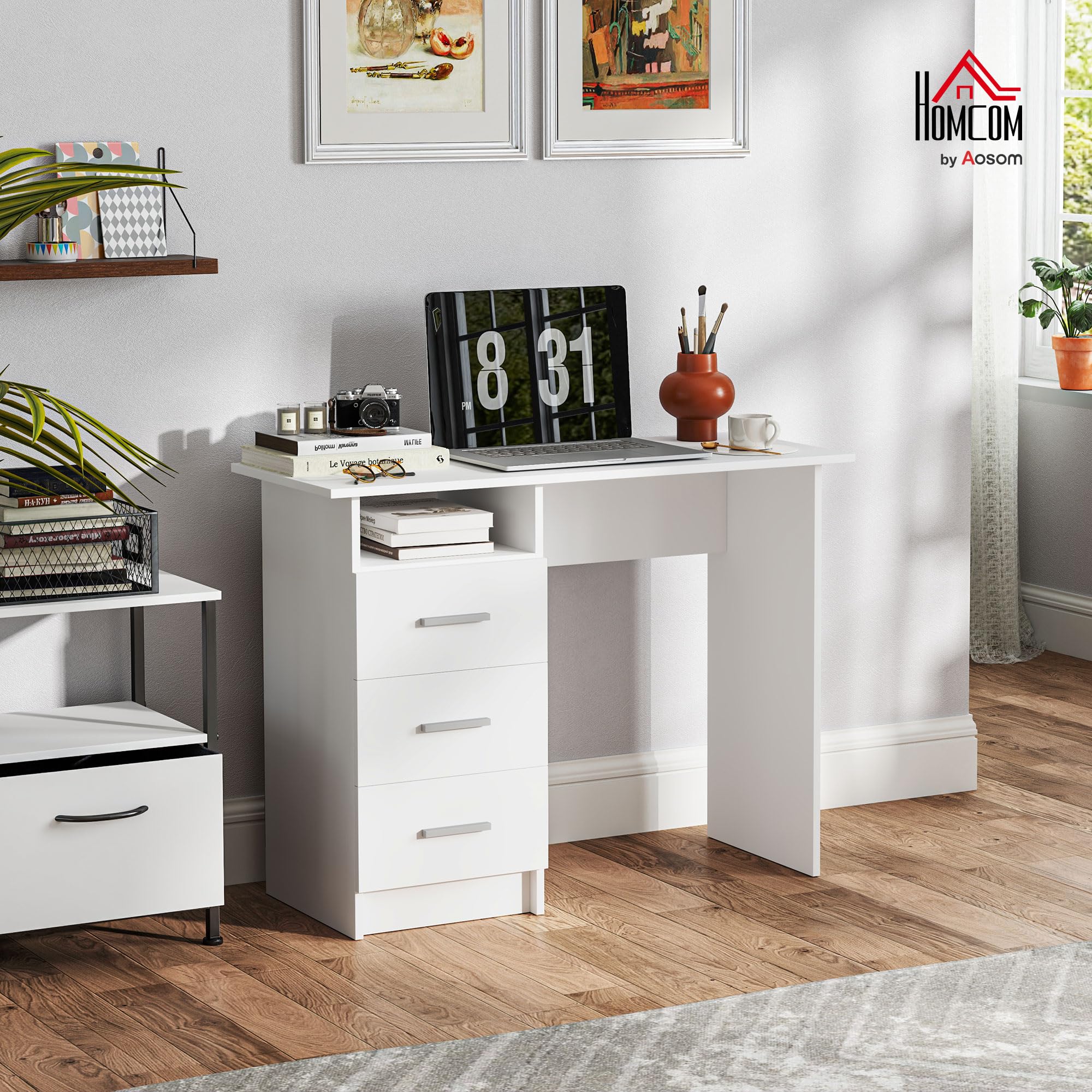 HOMCOM Scrivania Salvaspazio Moderna 3 Cassetti 100x40x75 cm Bianco | Ripiano Aperto, Scrivania con Cassetti in Legno, per Ufficio Studio Camera da Letto