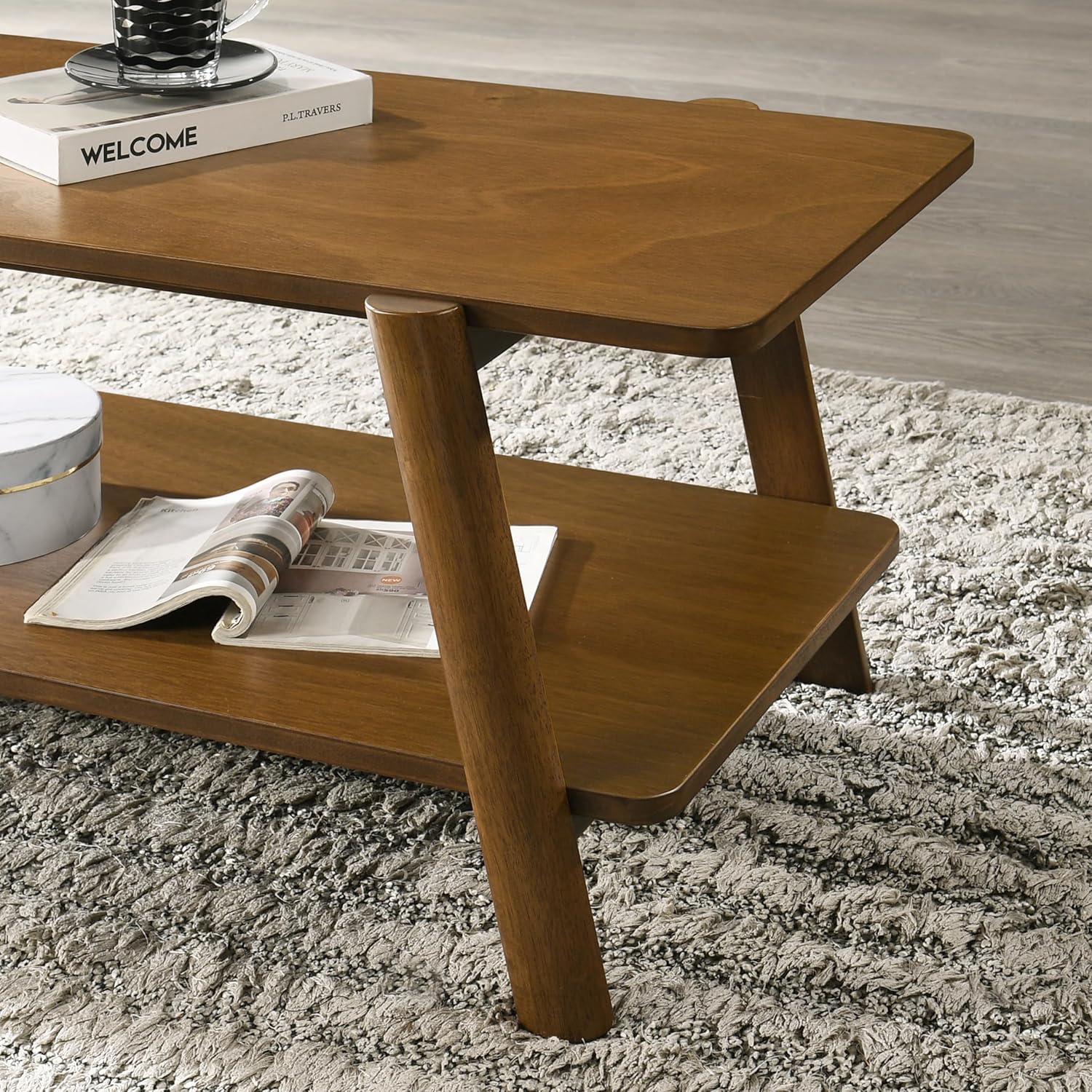 Roundhill Furniture Metz Mid-Century Modern Wood Shelf Coffee Table, Walnut Finish