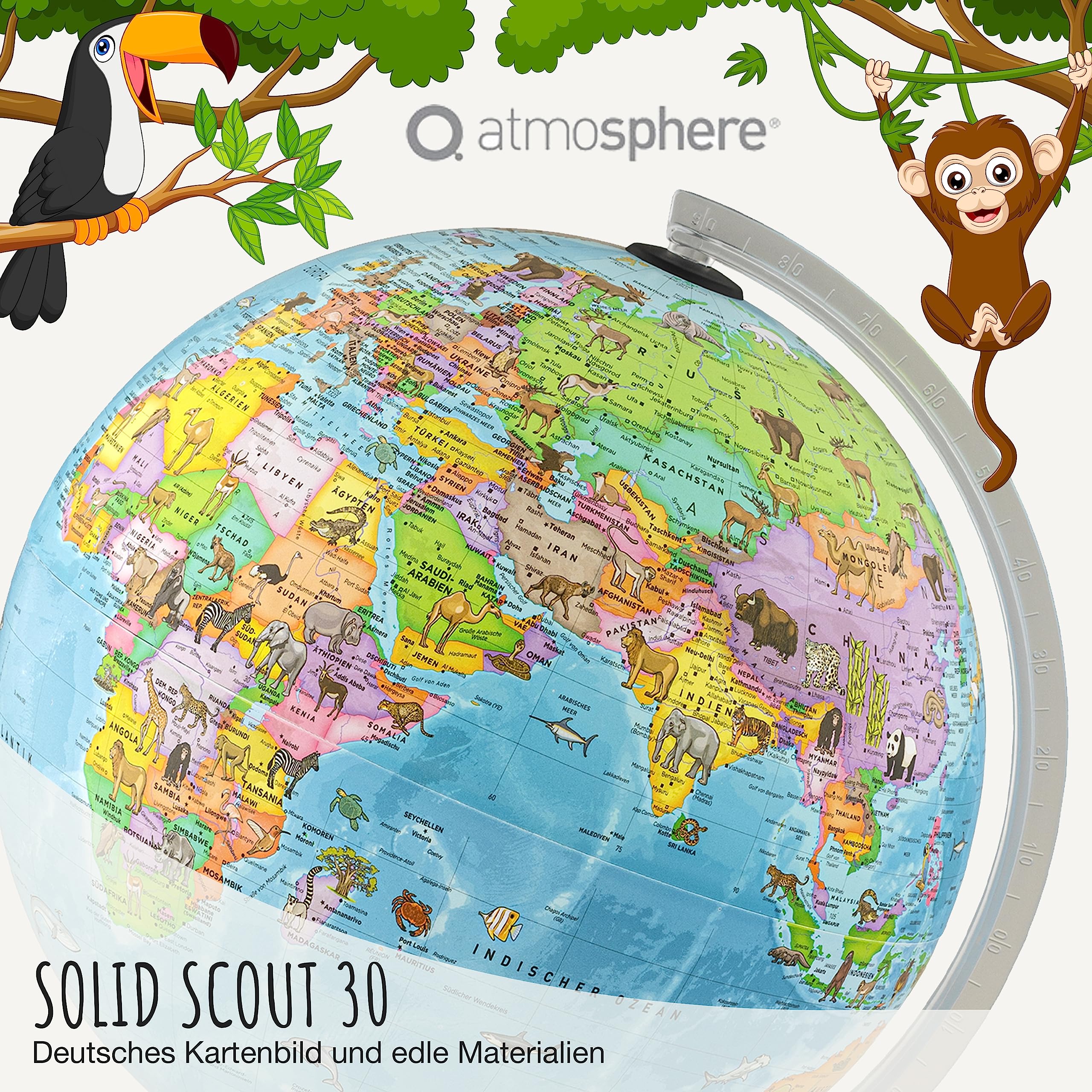 Solid Scout 30 - Kinder-Globus - beleuchteter 30cm Globus mit stabilem, drehbarem Standfuß, deutsches Kartenbild mit vielen Abbildungen für Kinder und Jugendliche, LED