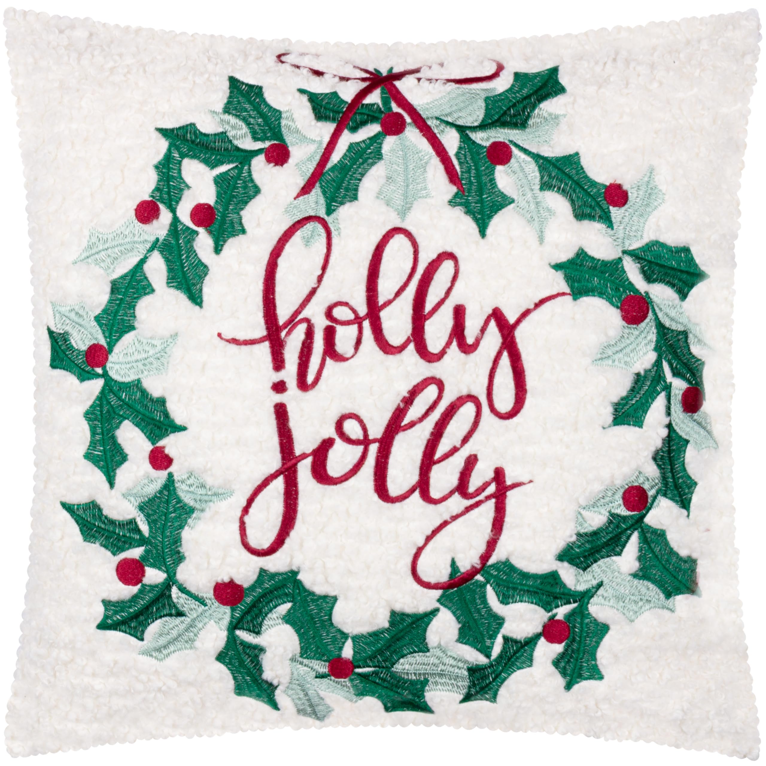Furn. Multicolour Holly Wreath Cushion Cover – Embroidered Festive Christmas Bouclé Case With Velvet Reverse ( - 45X45cm)