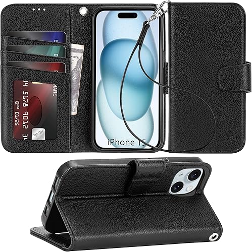Arae Funda compatible con iPhone 15 con tarjetero y correa para la muñeca, funda con tapa para iPhone 15 de 6.1 pulgadas, para hombres y mujeres,