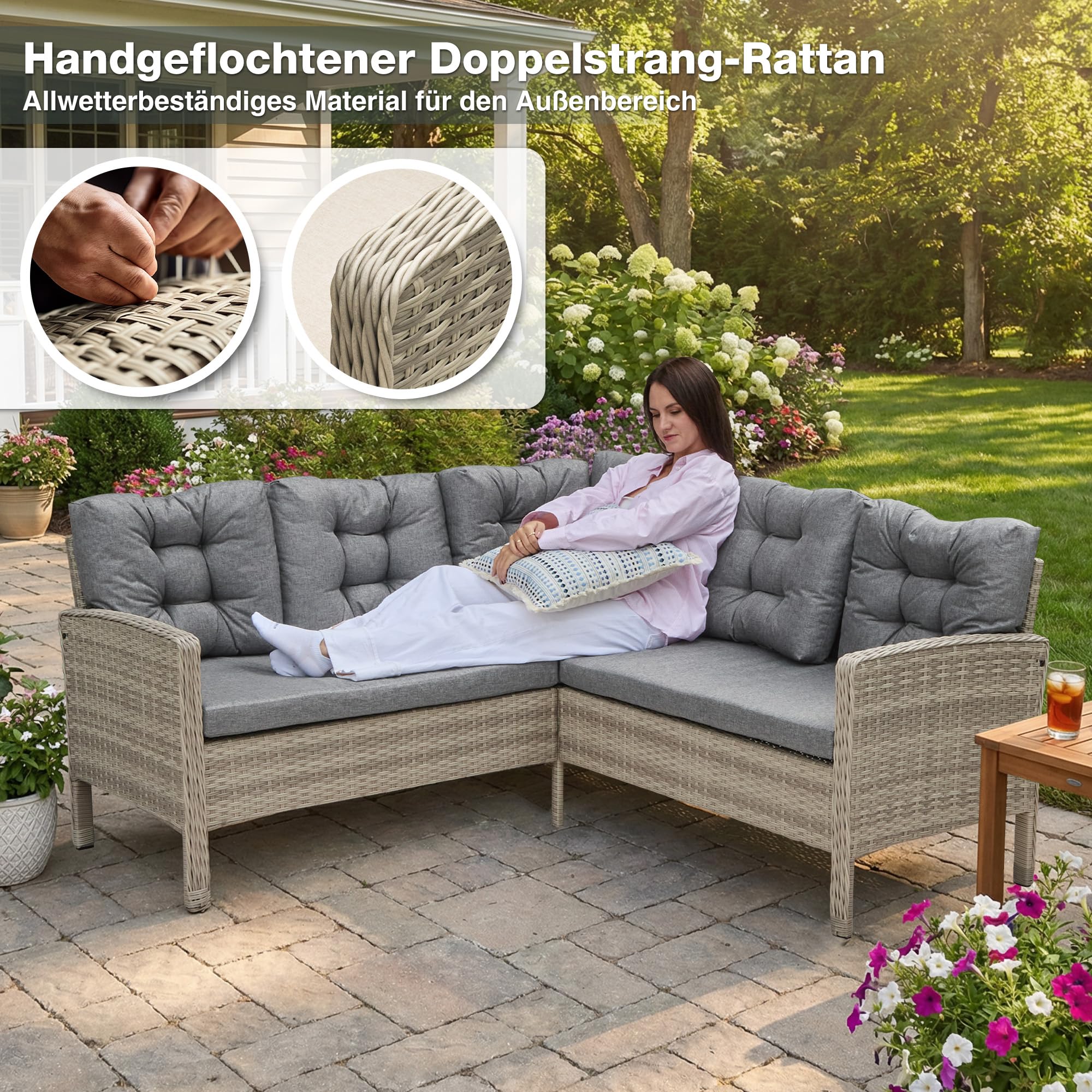 COMLAX FIELD Rattan Gartenmöbel Set, Gartenlounge mit Esstisch, Balkonmöbel Wetterfest, Sitzecke Outdoor, Dining Lounge Set für Garten Balkon, Grau