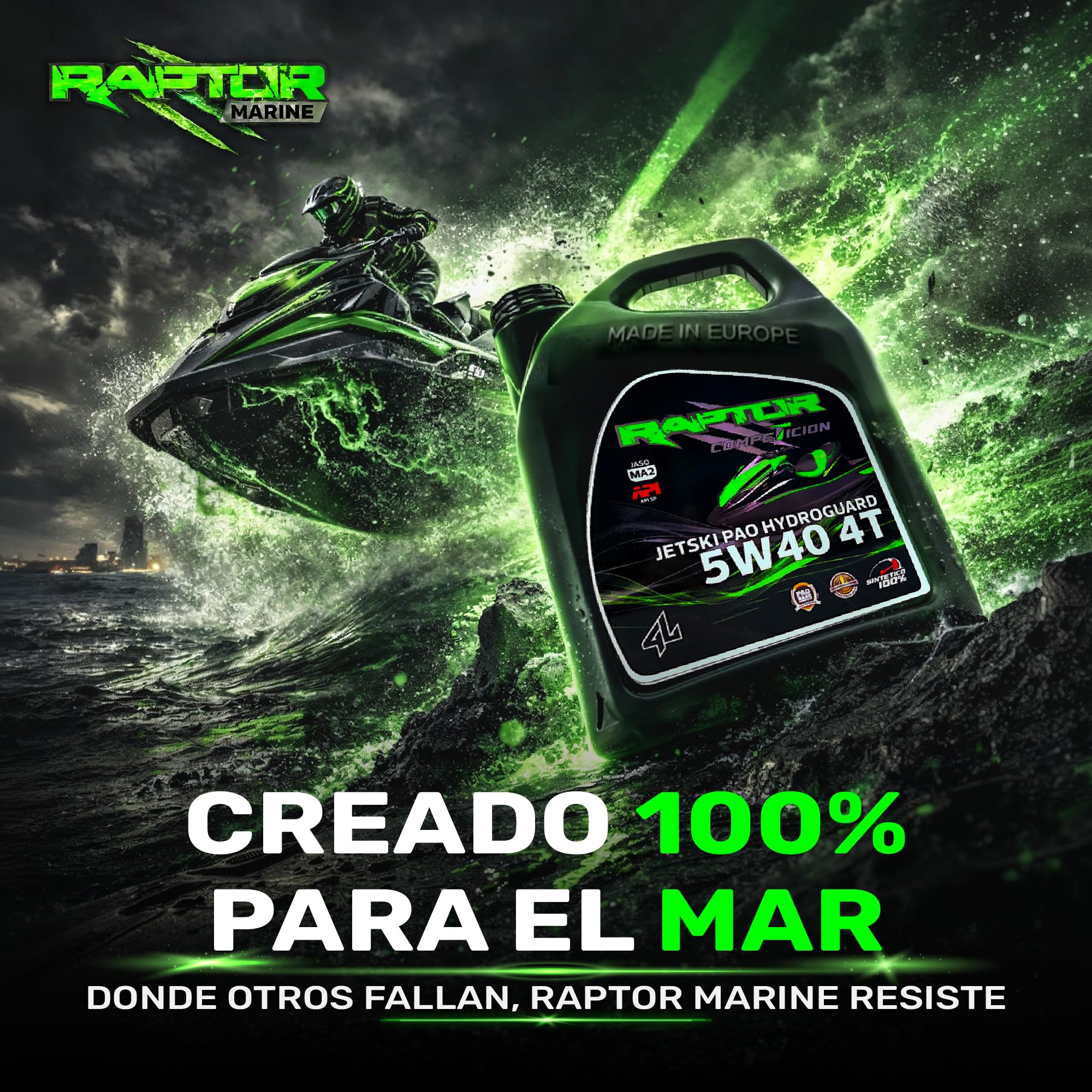 Raptor Marine - Aceite Jet Ski 5W40 PAO 100% Sintético Hydroguard | 4L | Moto de Agua PWC 4T | Alta Temperatura | Anticorrosión | API SP, JASO MA2