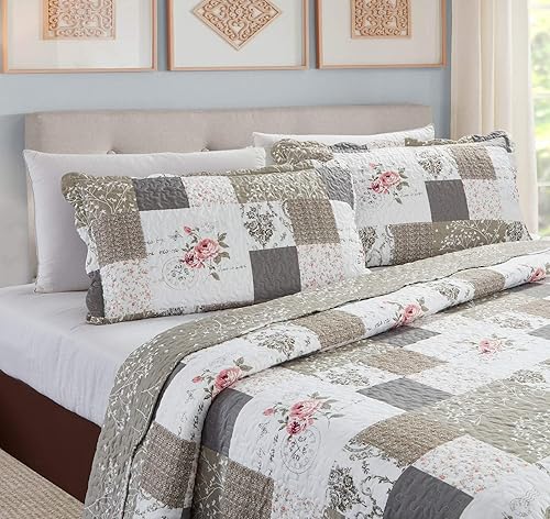Miniatura 9 de Juego de edredón de 3 piezas con 2 fundas de almohada tamaño King, colcha reversible suave y ligera, para todas las estaciones, tamaño King, color