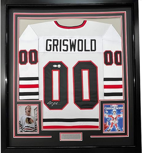 Marco autografiadofirmado Chevy Chase 33x42 Clark Griswold Navidad vacaciones película Chicago White Hockey Jersey Beckett BAS COA